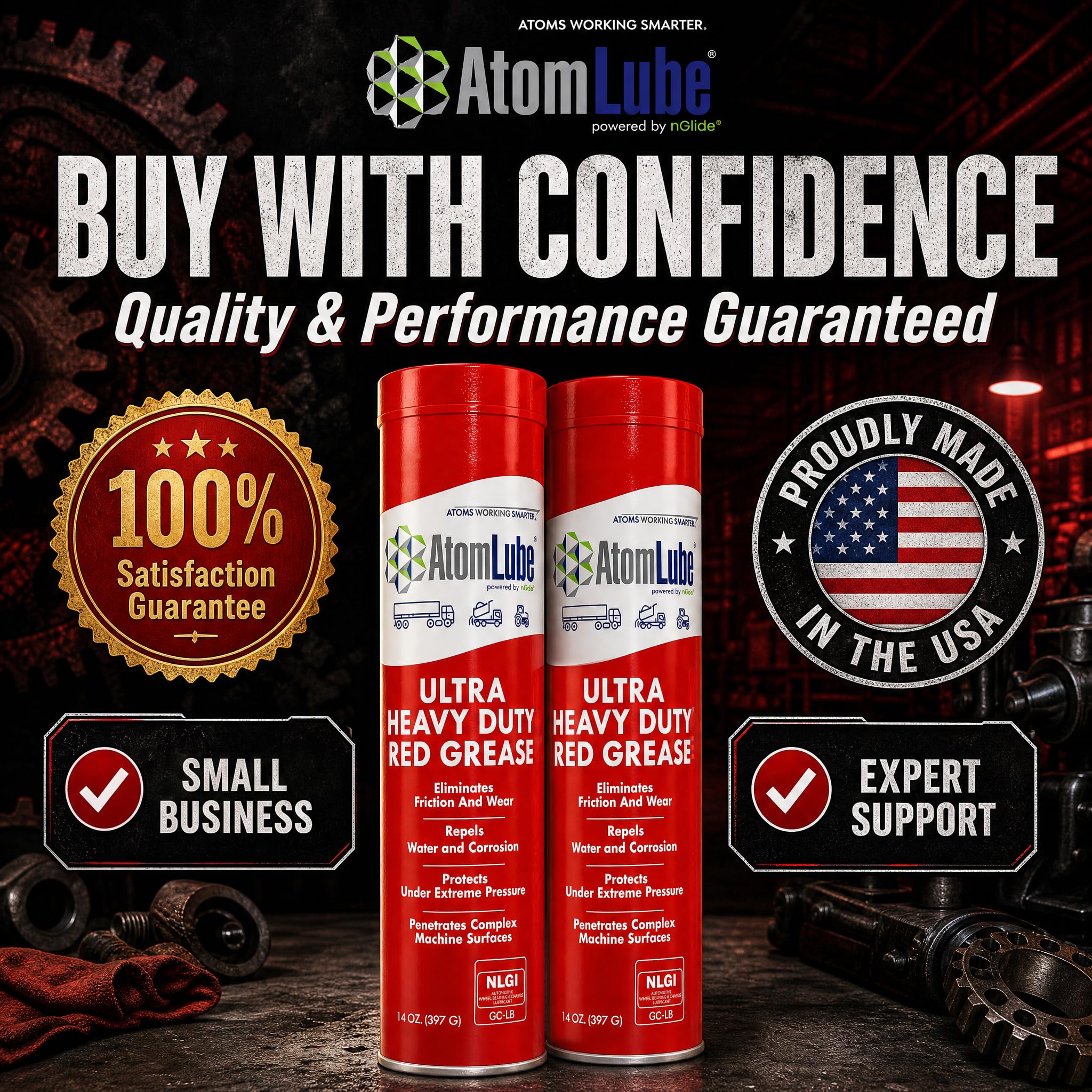 AtomLube Ultra Heavy Duty Red Grease | wodoodporne rury do smarowania i smarowania o wysokiej tempie do powierzchni metalowych, smar do akcesoriów do ciężarówek, 2 sztuki po 14 uncji