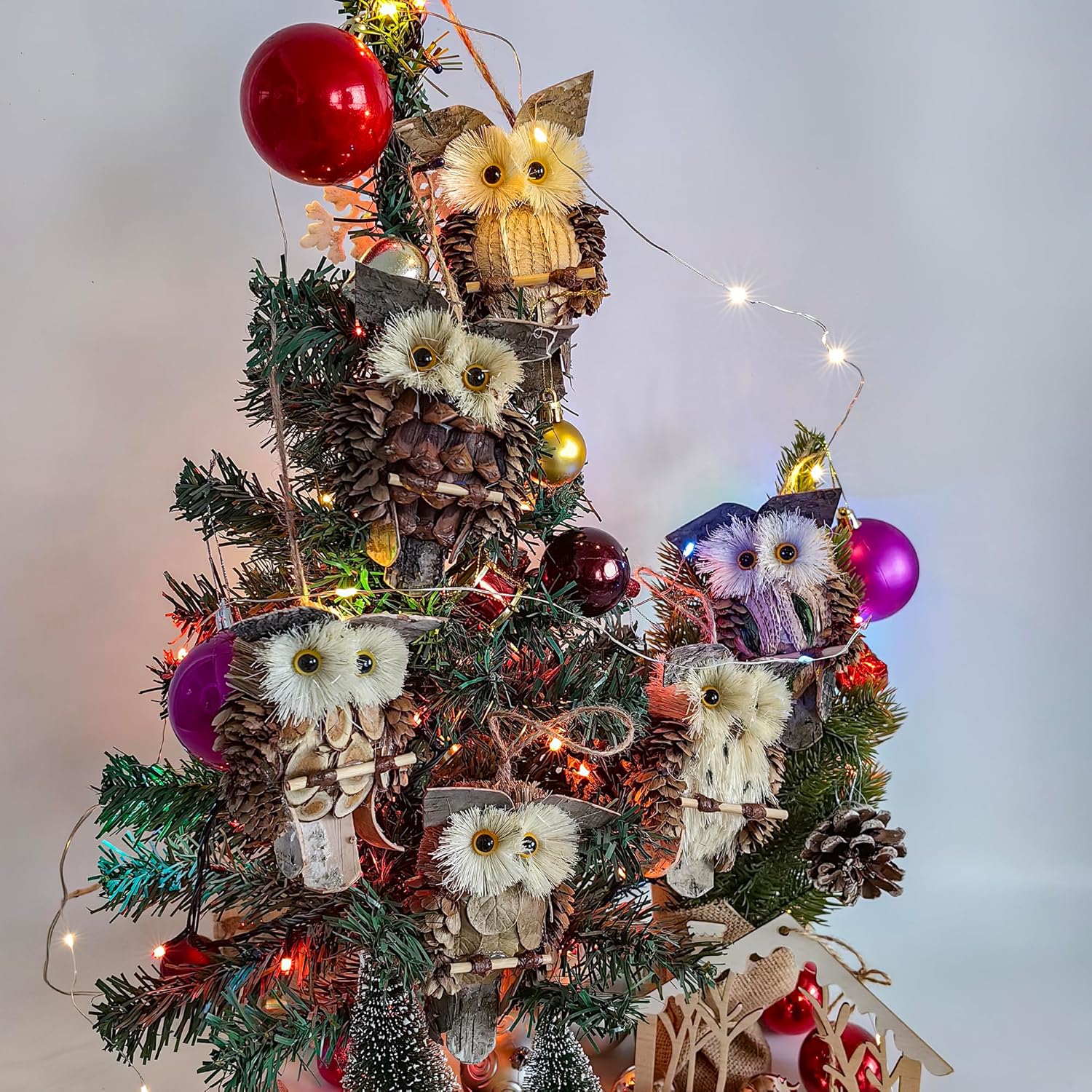 Berfutall-Woodland Animal Owl Ornaments, Wood and Sisal, Set of 6 Assorted, Christmas Tree, Thanksgiving Decor - Image 2