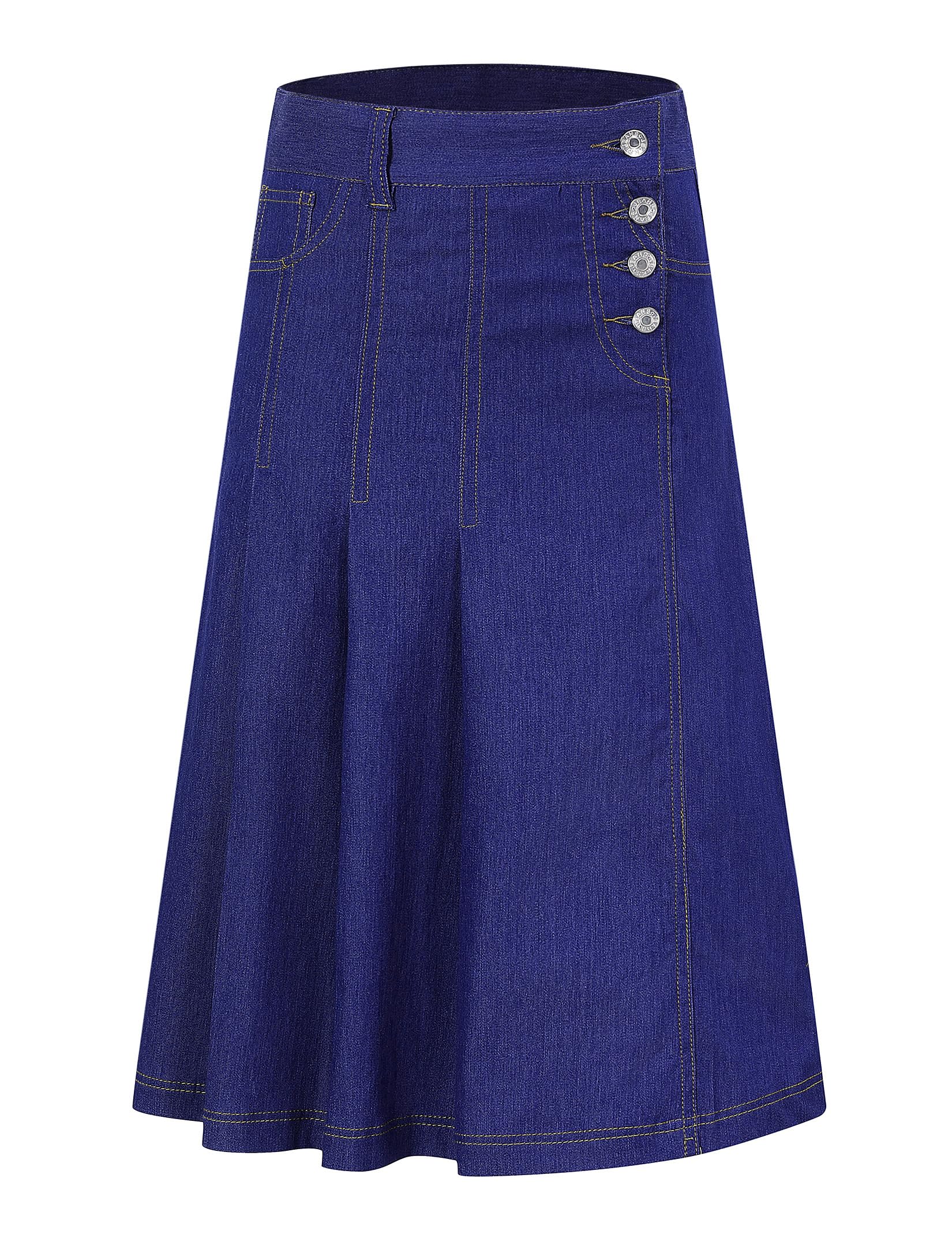 Girls Casual Denim Skirt Midi Pleated Buttons A-Line Over-Knee with Pocket 3-14Years