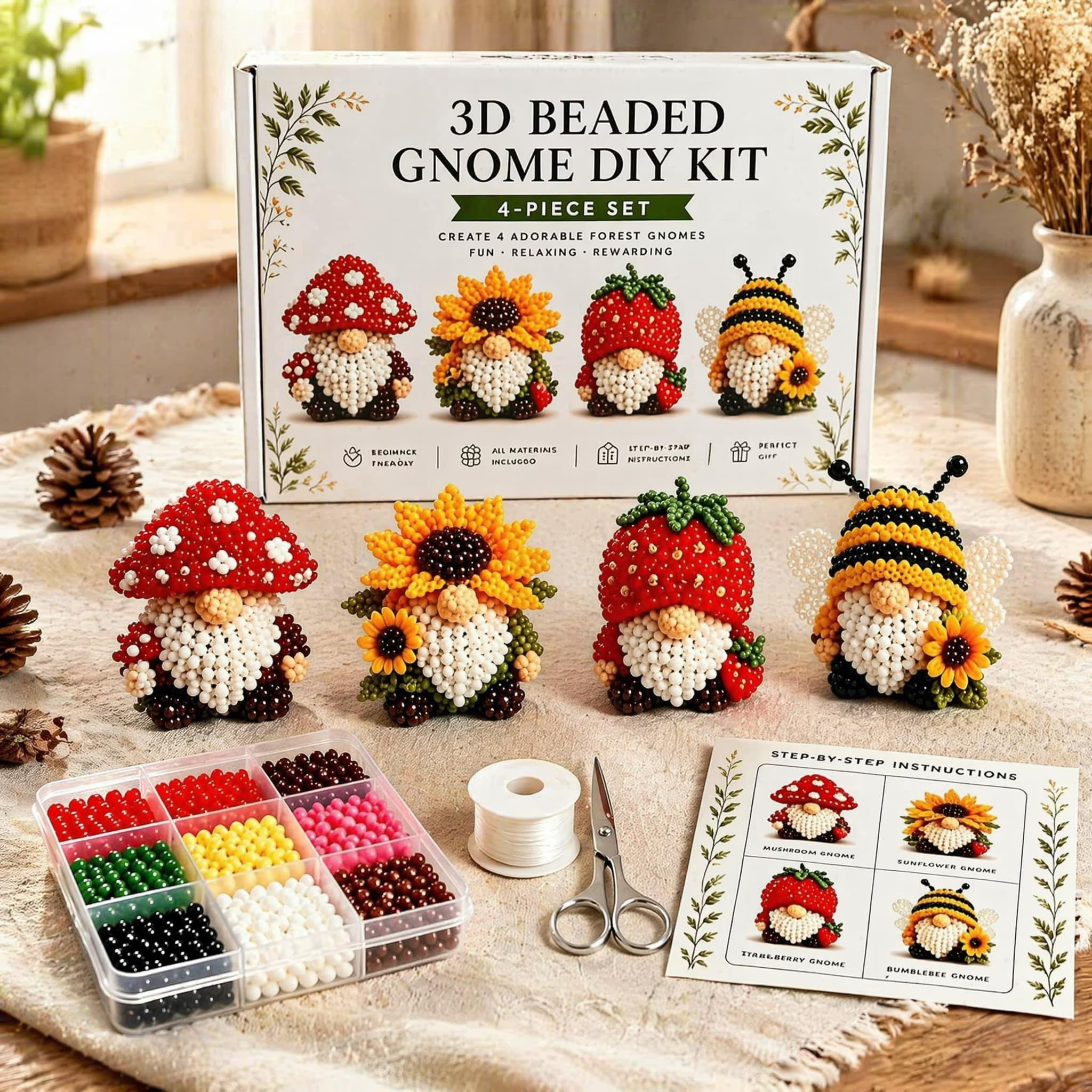 Alwodici 4Pack 3d Beaded Gnome Kit Mini Animal Beading Kit With Mushroom Sunflower Strawberry Bee Gonk Diy Bead Supplies With Instruction Handmade Bead Art Craft For Home Decor Birthday Christmas Gift