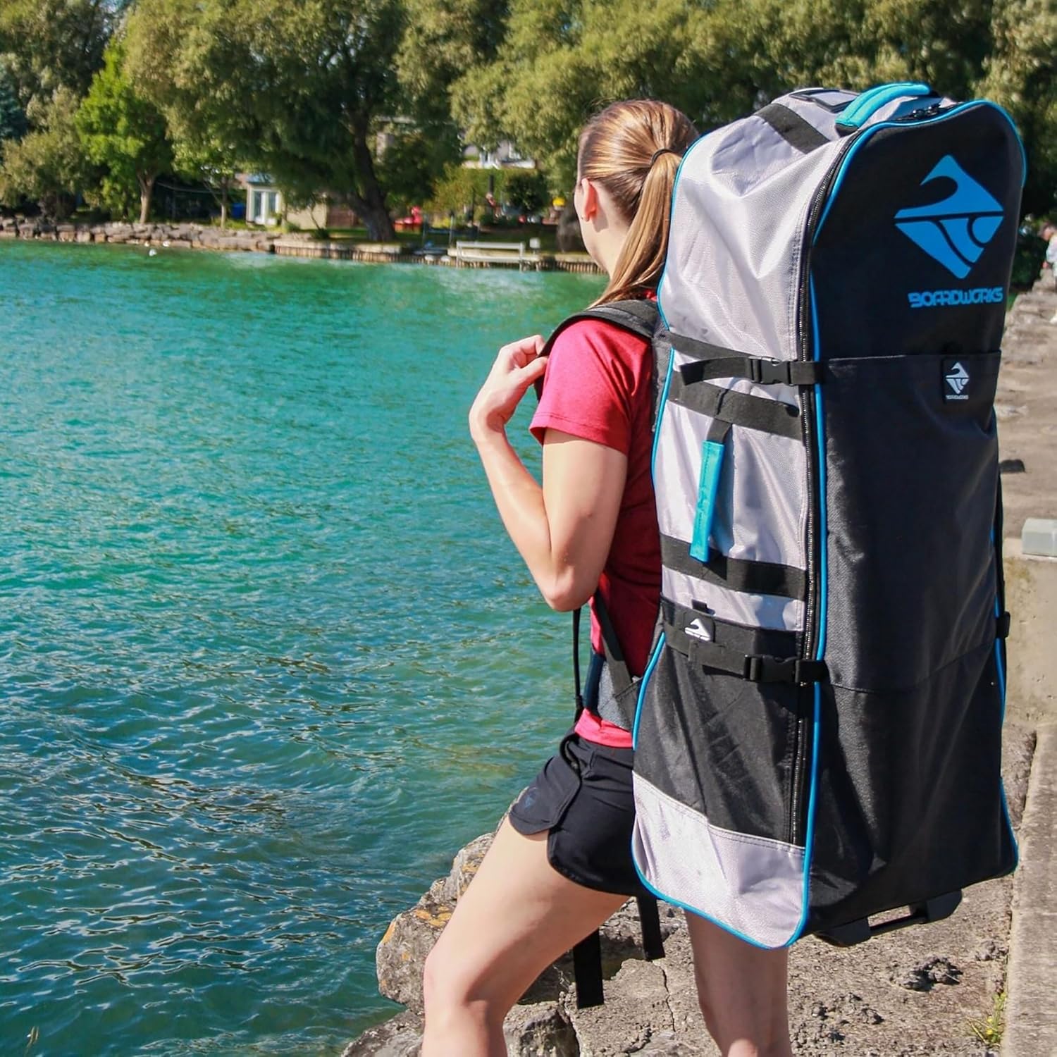 Boardworks - Rolling Board Bag - Comfortable padded backpack shoulder straps - Durable urethane roller wheels - Black