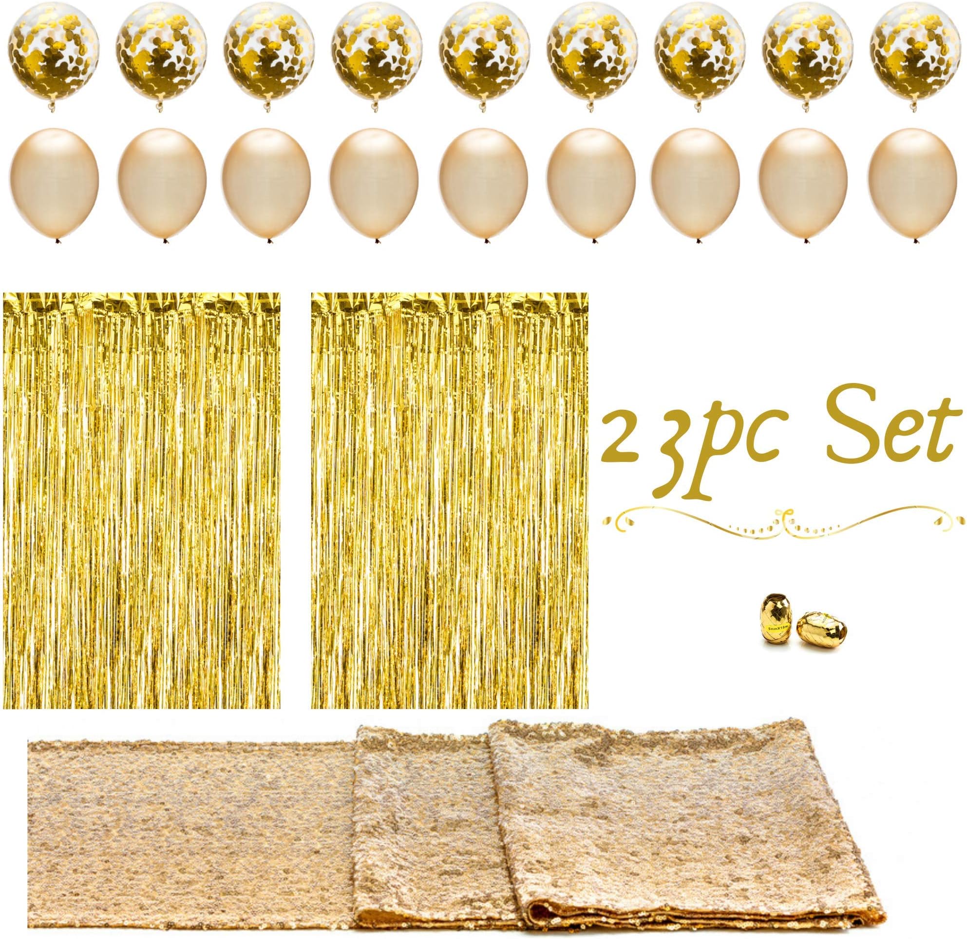 Artunique 23pc Gold Party Decorations & Party Supplies Kit | Huge Latex and Confetti Gold Balloons (18) | Gold Sequin Table Runner (1) | Gold Fringe Curtain Backdrop (2) | Gold Ribbon (2) |  GOER 3.2 ft x 9.8 ft Metallic Tinsel Foil Fringe Curtains for Party Photo Backdrop Wedding Decor (1 Pack, Gold)  Glitter Iridescent Circle Dots Garland Paper Hanging Polk Dot Streamer Party Decoration Bunting Banner Backdrop for Birthday/Wedding/Baby Shower/Engagement/Bridal Shower Party Supplies  Wine Bottle Lights with Cork, Twinkle Lights 12 Pack 20 LED Waterproof Battery Operated Cork Lights, Silver Wire Mini Fairy Lights for Liquor Bottles DIY Party Bar Christmas Holiday Wedding Décor