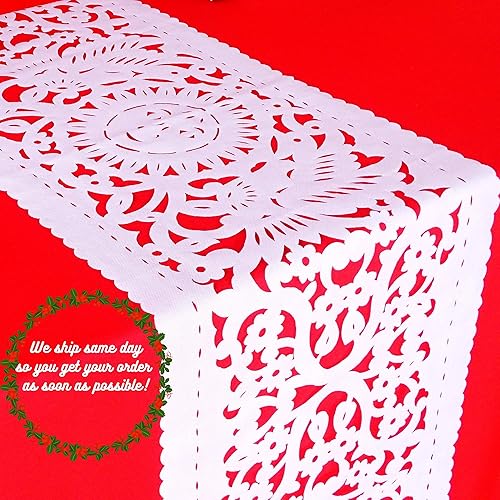 Miniatura 6 de Decoraciones de boda mexicanas, camino de mesa de papel picado blanco de 14 x 72 pulgadas, suministros de fiesta de vinilo, perfecto para despedidas