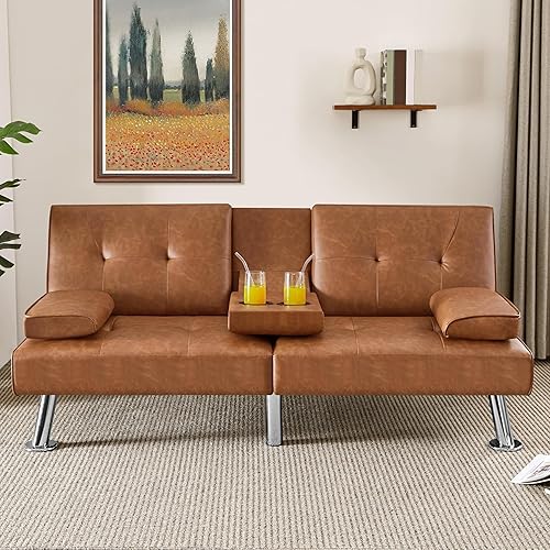 Miniatura 20 de Yaheetech Sofá biplaza cama, convertible, tela, ajustable, moderno, reclinable, reversible, plegable, reposabrazos extraíbles, portavasos, 3 Negro