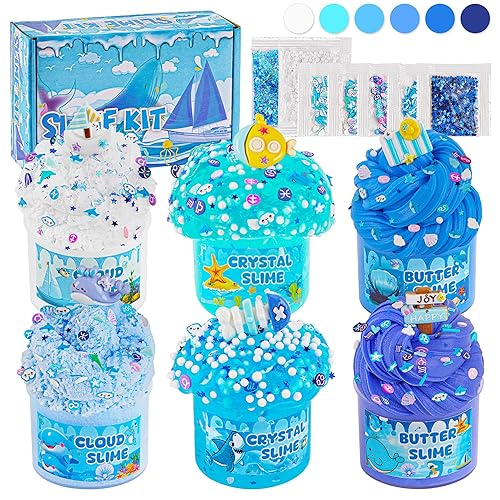 6 Packs Gradient Blue Slime Kit - Cloud, Butter & Clear, Crunchy for Kids With Various Add-ins, Non-Sticky Party Favors for Girls and Boys, 360ml (Ocean) - Ocean