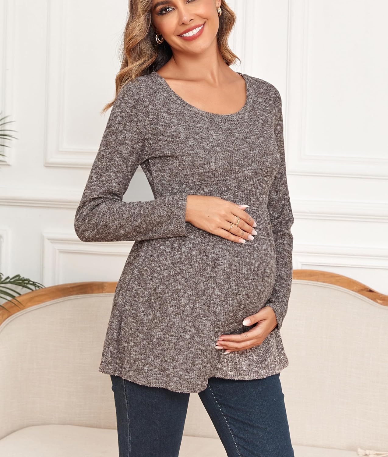 Ecavus Women's Maternity Ribbed Knit Shirts Long Sleeve Pregnancy Tops Comfy Stretchy Pregnant Blouses - Image 3