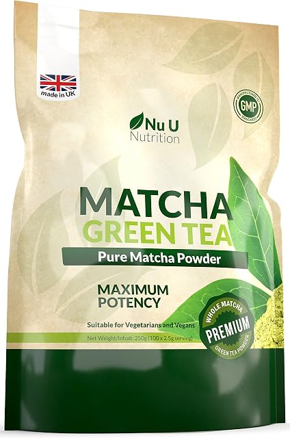Matcha Green Tea Powder - 250g Double Size Pouch - 100 Servings - Vegan & Vegetarian - Culinary Grade - for Smoothies, Drinks & Baking