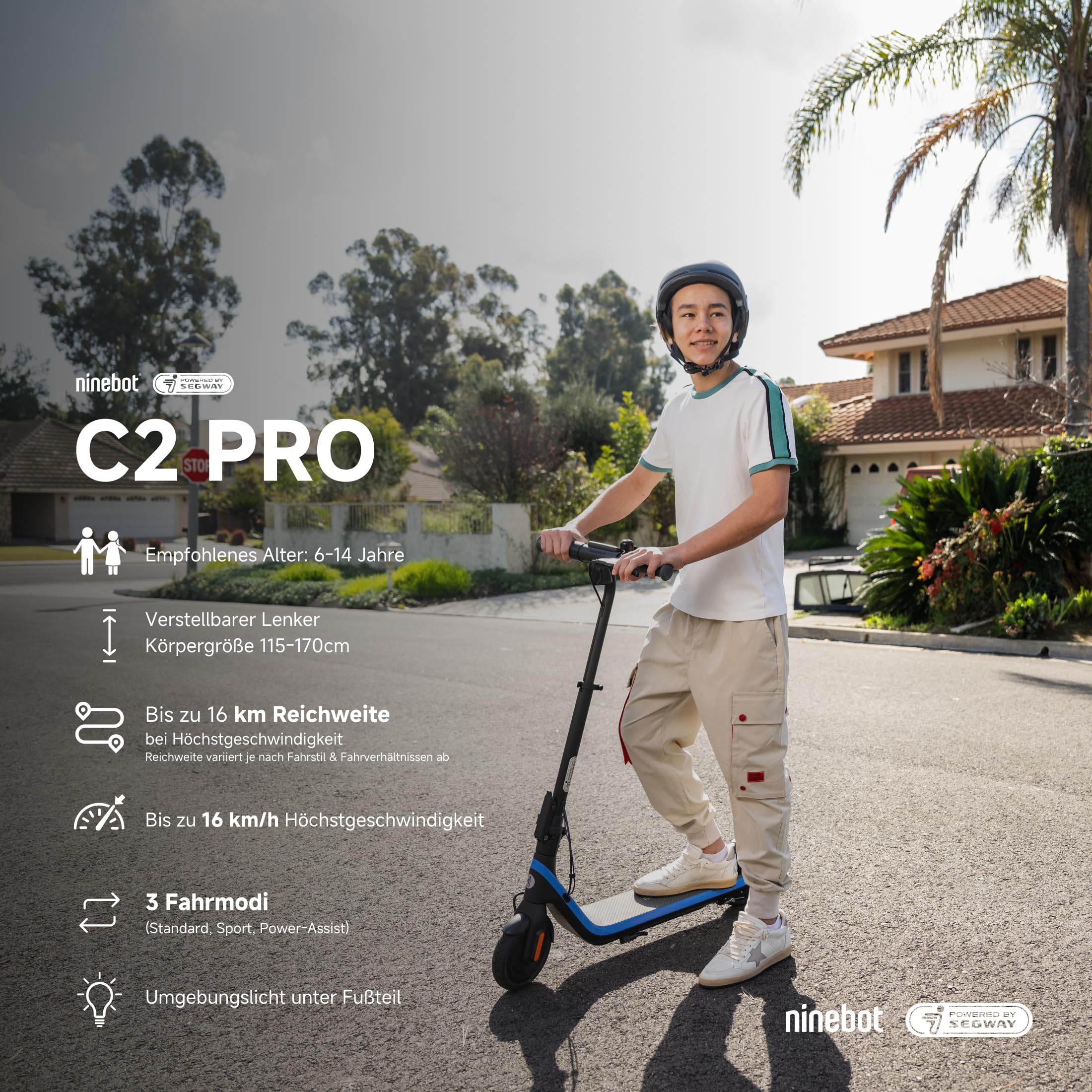 Segway-Ninebot, Elektrischer KickScooter, Modell C2 Pro E für Kinder und Jugendliche, 3 Fahrmodi mit 16 km/h Höchstgeschwindigkeit, 17 km Reichweite