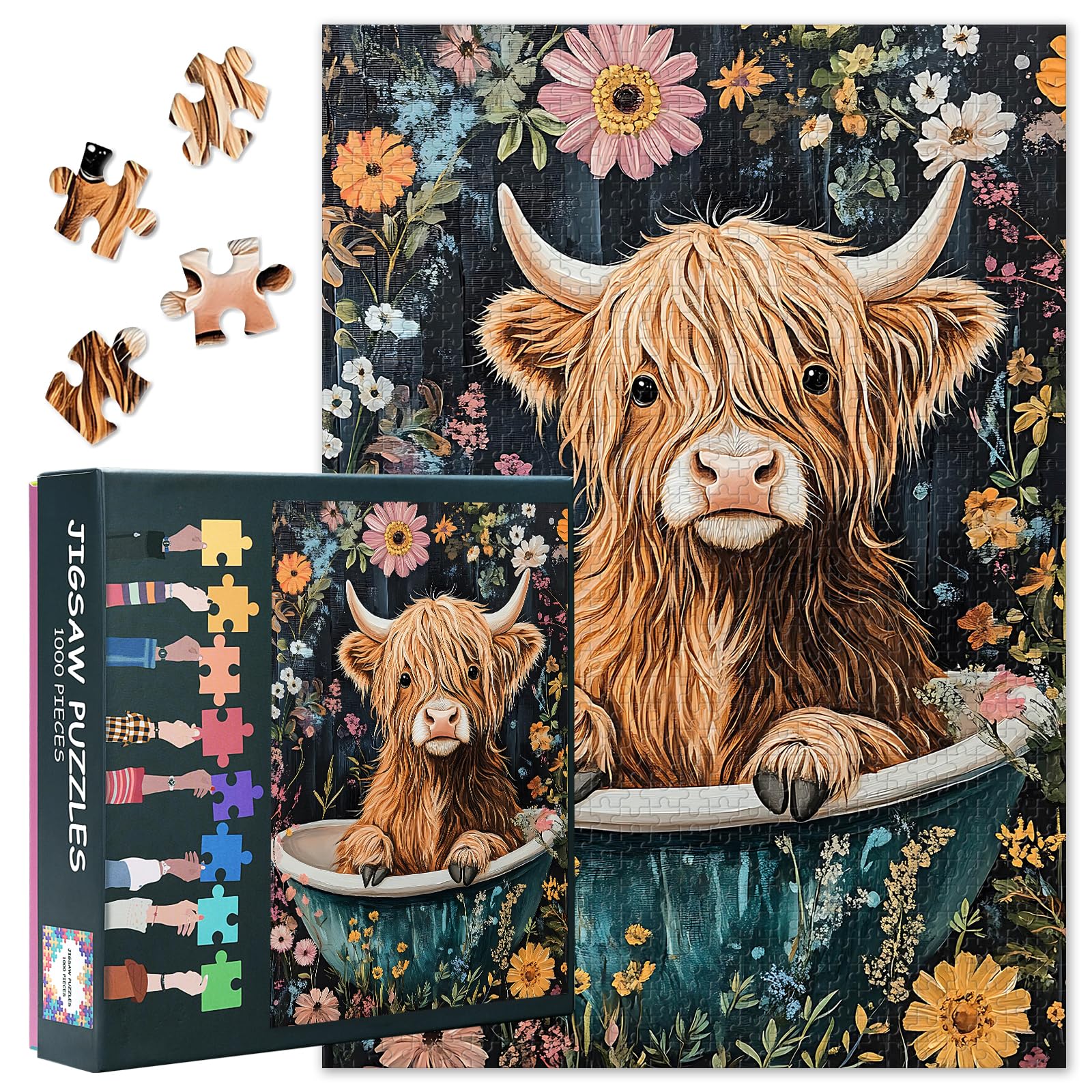 Jigsaw Puzzles for Adults, 1000 Piece Puzzle for Adults - Highland Cow in Bathtub Surrounded by Flowers, Unique Animal Puzzle, Premium 1000 Piece Puzzles - 27.5x19.7 Inches โ image 1