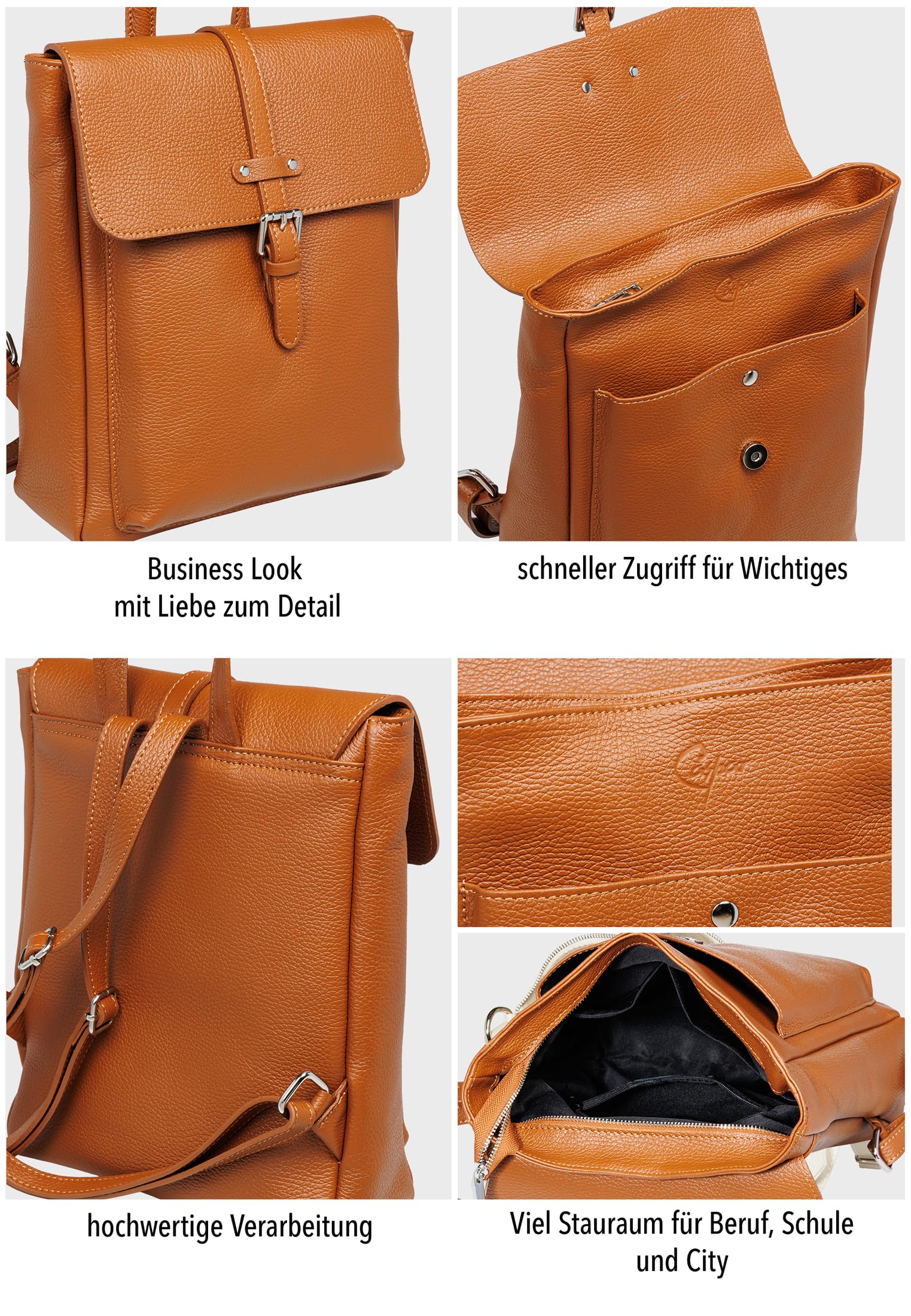 Caspar Damen Leder City Rucksack eleganter Business Echtleder Backpack - PREMIUM LINE - Modell No.854 - Made in Italy, Farbe:schwarz