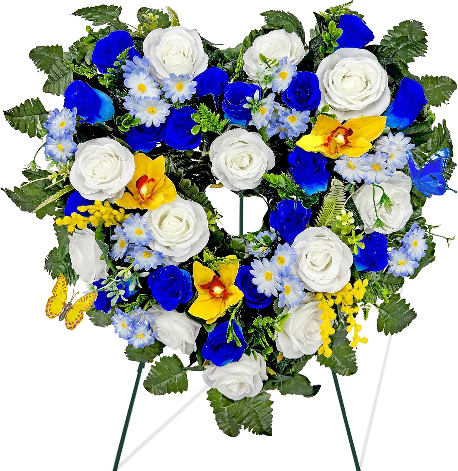 Cemetery Wreaths for Graves,Spring Heart-Shaped Wreaths for Cemetery,Memorial Day Grave Wreath,Headstone Wreaths on Metal Stand, Artificial Flower Wreath:Blue Rose Daisy Cymbidium
