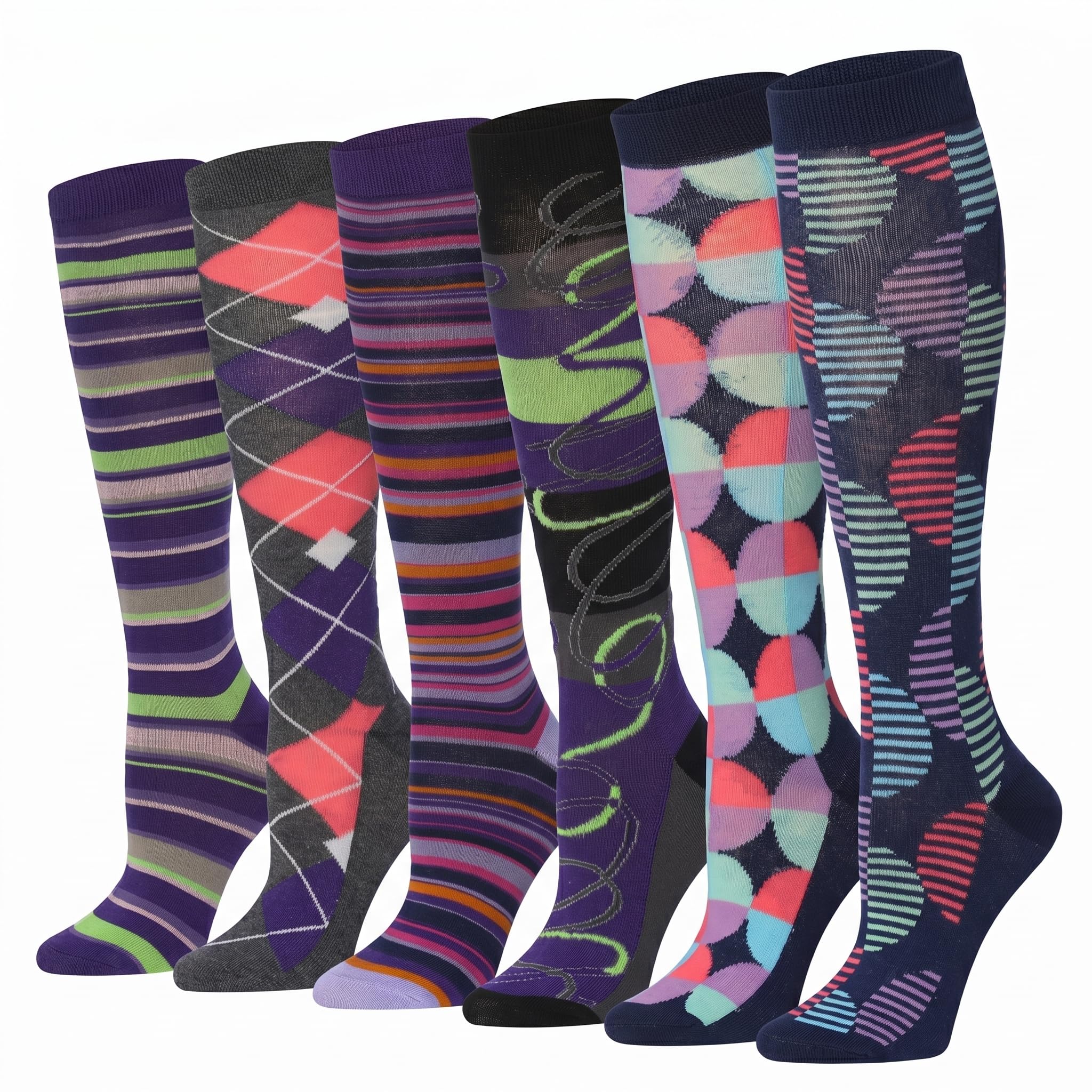 Tipi Toe Women’s Knee High Socks 6 Pack – Colorful Funky Patterned Long Socks, Soft &amp; Comfortable Everyday Wear