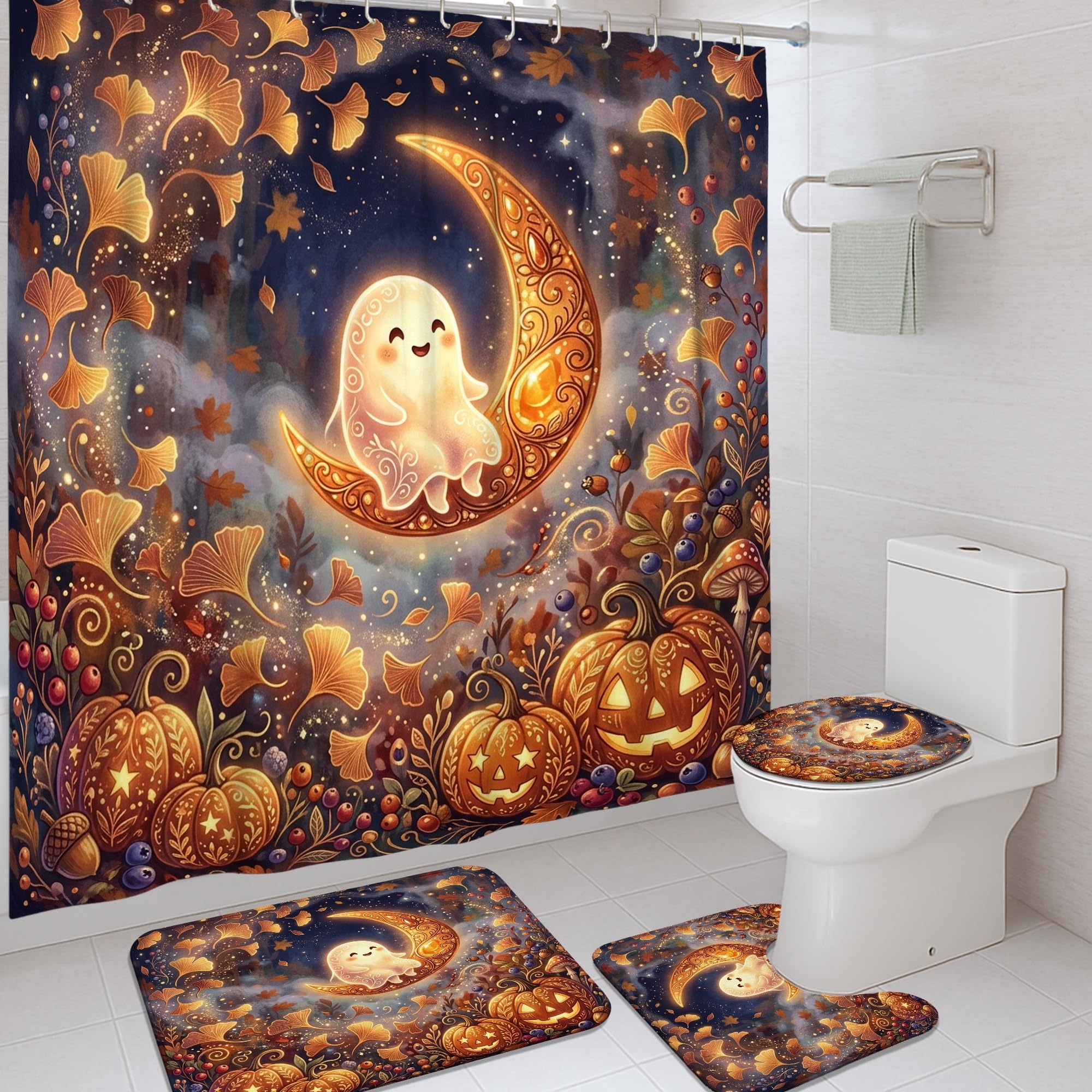 Rideau de douche Halloween fantômes et lune en tissu imperméable avec son tapis 183x183cm