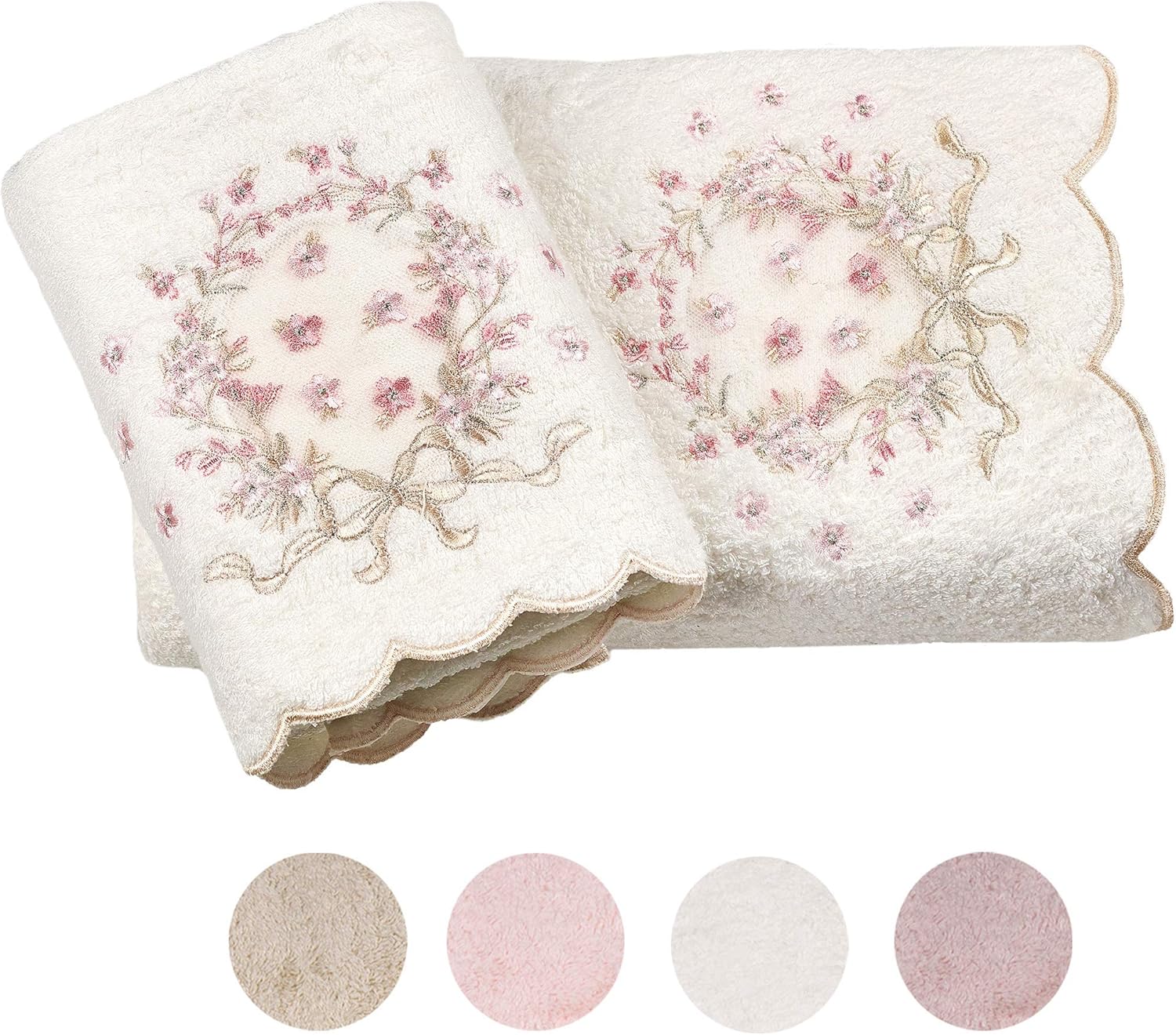 Armoni Guipure Embroidered Luxury Towels - Soft and Washable Turkish Bath Towels for Hands, Face and Hair – Set of 2 in Gift Box - Cream