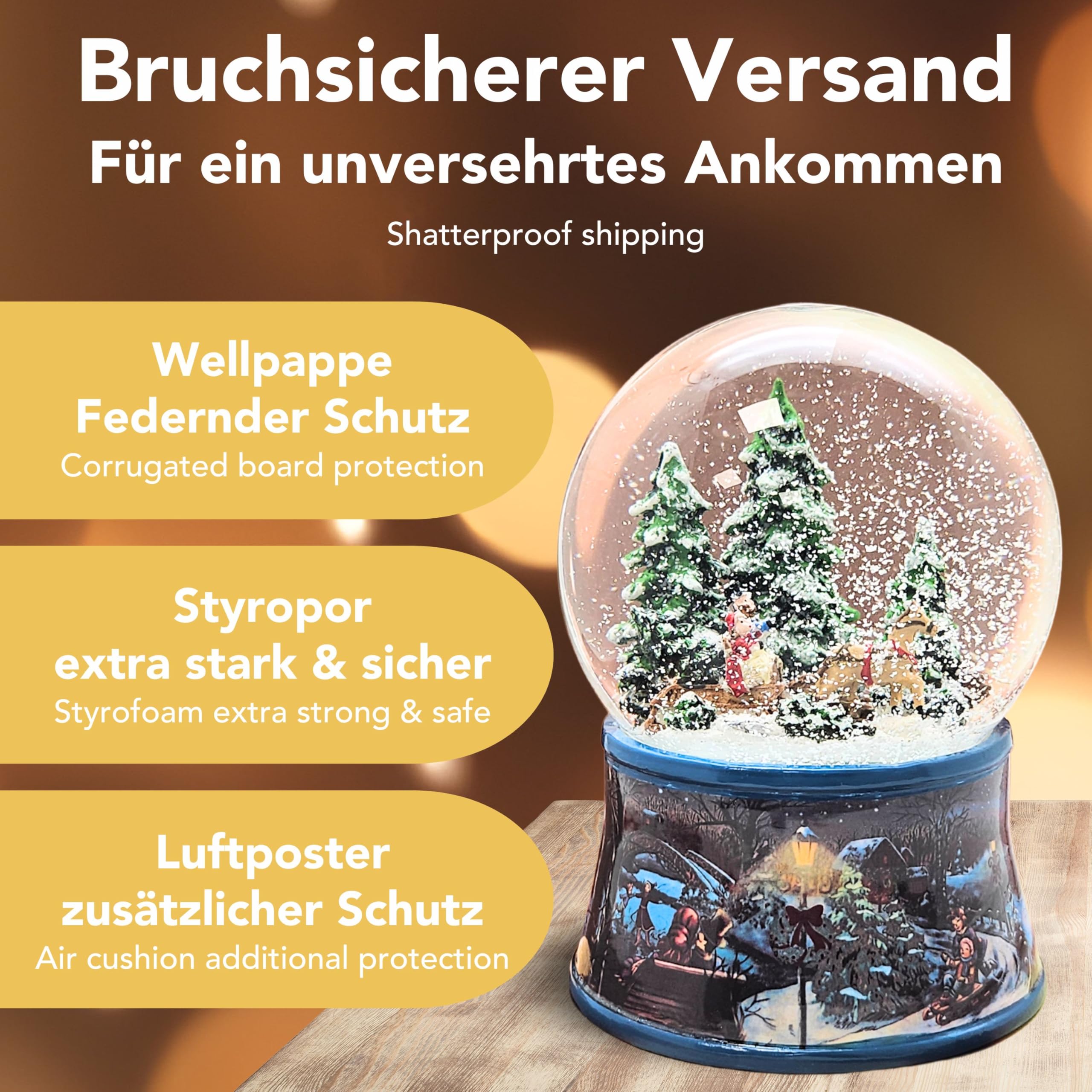 Schneekugel Weihnachten Spieluhr | Schlittenfahrt mit Christbaum | Sockel Winterlandschaft Eisläufer | Höhe: 140mm, Breite 100mm | mit Musik | Schüttelkugel mit Weihnachtsmelodie | 20091