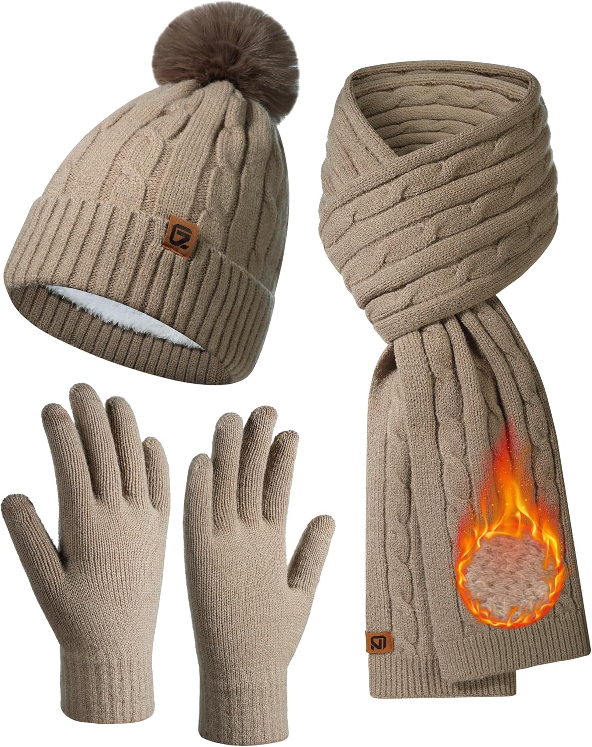 GADIEMKENSD Winter Beanie Scarf Gloves Set, Keeping Warmth, Cable Knit Design, Sensitive Touchscreen Fingertips