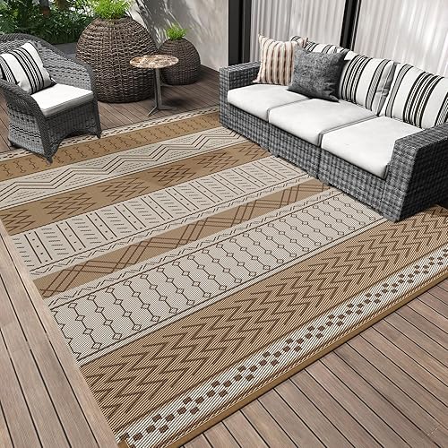 Outdoor Rug Carpet Waterproof 8x10 ft Patio Rug Mat Indoor Outdoor Area Rug for RV Camping Picnic Reversible Lightweight Plastic Straw Outside Rug for Patio Decor Decoration Boho Rug Brown Beige