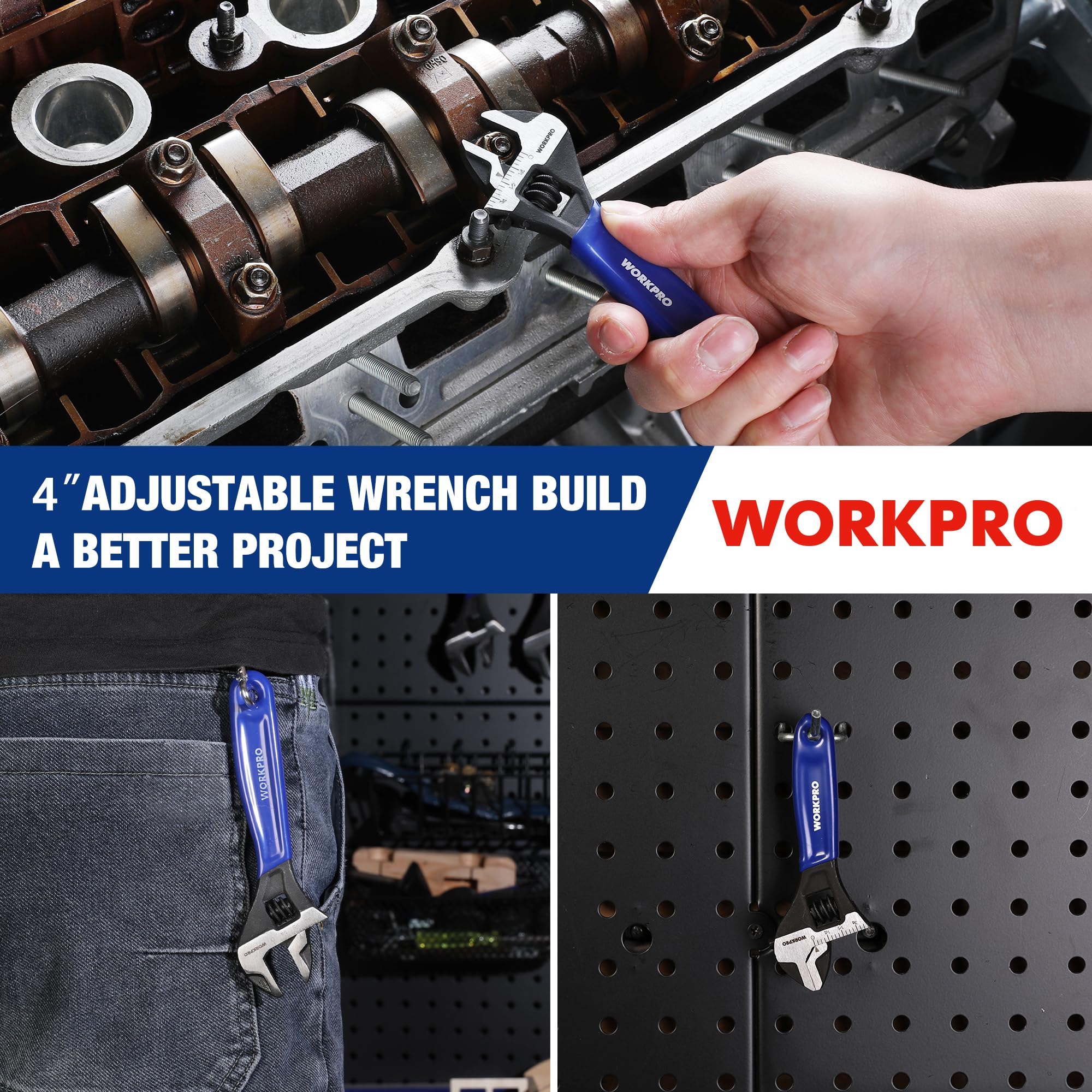 WORKPRO 4-Inch Mini Adjustable Wrench, Cr-V Steel Wide Jaw Black Oxide Wrench for Small Nuts, Metric & SAE Scales, for Home, Workshop and DIY