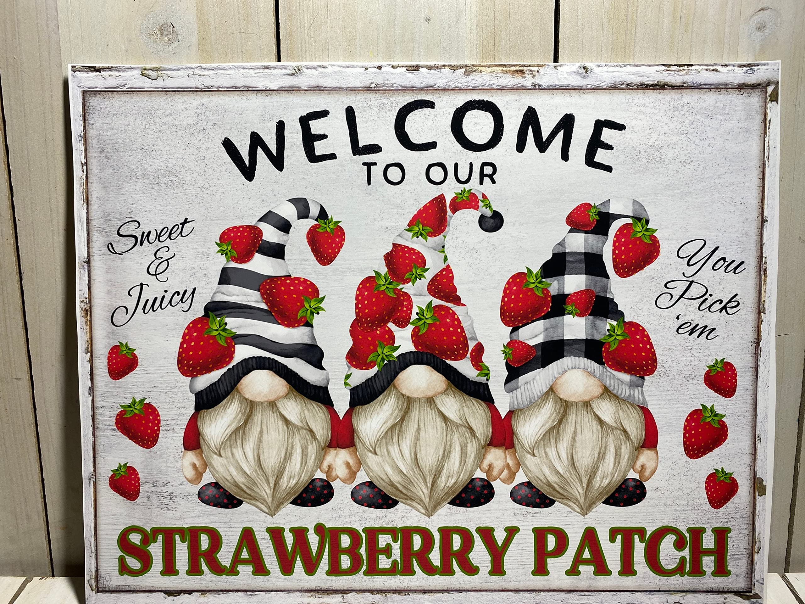 Strawberry Gnome Sign,Strawberry Patch Wall Decor, Welcome To Our Strawberry Patch Sign Garden Wall Decor Poster Metal Sign 8X12 Inches