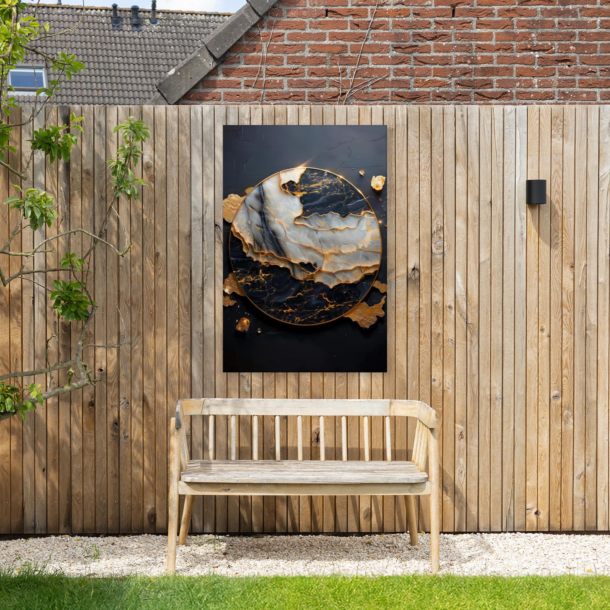 Gartenbilder 80x120 cm Wetterfeste Leinwand Outdoor Bild Terrasse Deko Balkon Wetterfest Gartenposter Foto Geschenk Draußen Kunst - Gold - Schwarz - Modern - Abstrakt