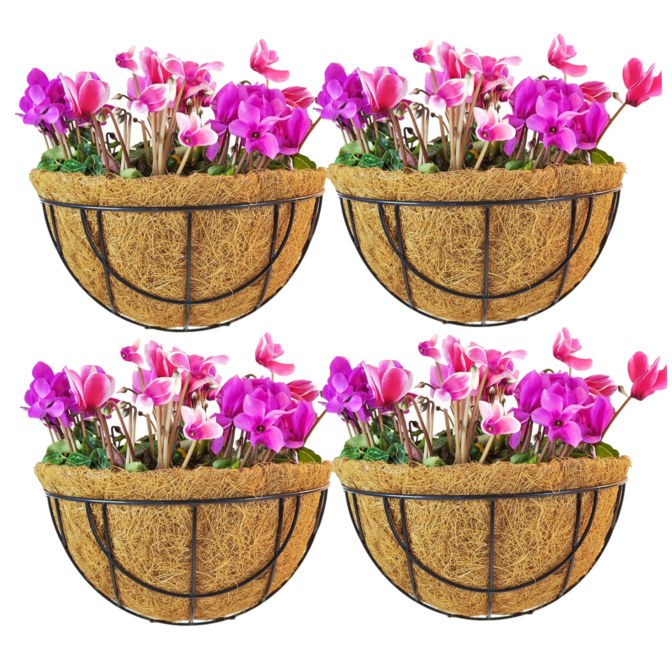 Ginwrek Hanging Flower Basket 4 Pack Hanging Plant Basket, 12 Inch Wall Planter Outdoor with Coir Liner Metal Wire Baskets for Railing Deck Porch Balcony