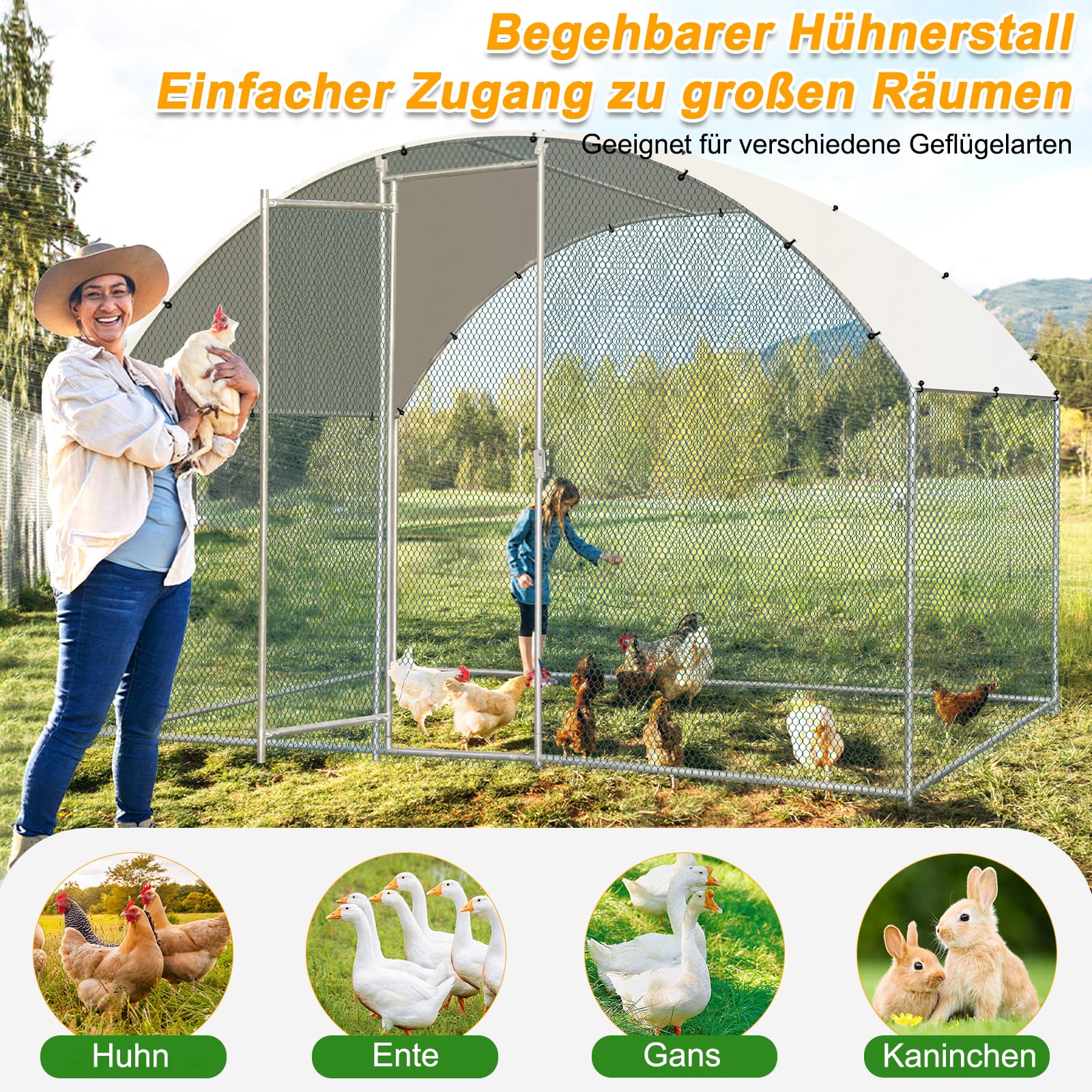 LEADZM Gallinero, 3 x 2 x 2 m, cercado para gallinas, 6 m², gran recinto con polietileno impermeable, de acero galvanizado, cúpula