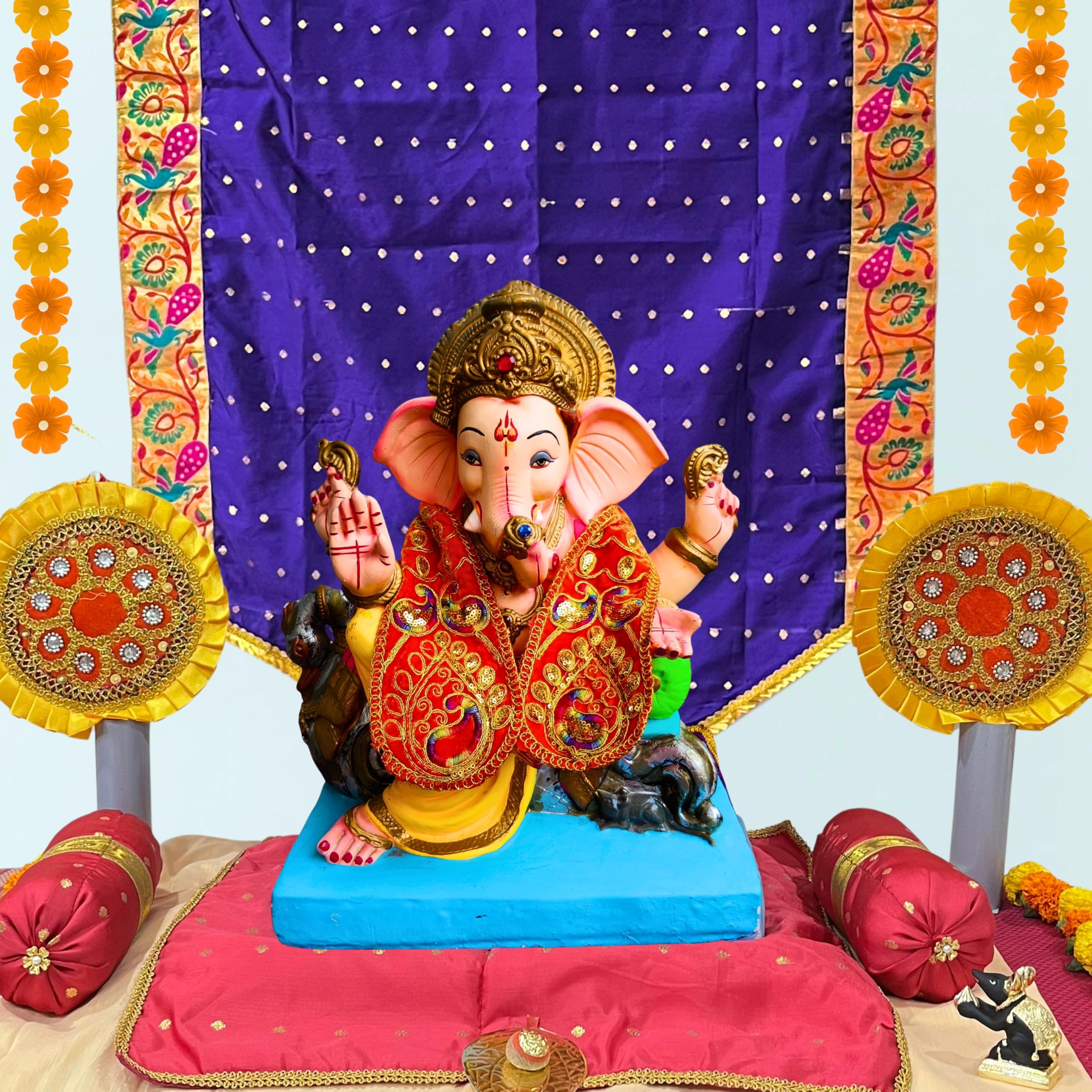 PUNYATVA Ganpati Shela in Velvet (Orange) – Khes, Patka, Uparna Vastra for Gauri Ganpati, Ganesh Chaturthi, Varalakshmi Vratam, Navratri, Durga Puja, Decoration Accessories for Idols, God Dress 4