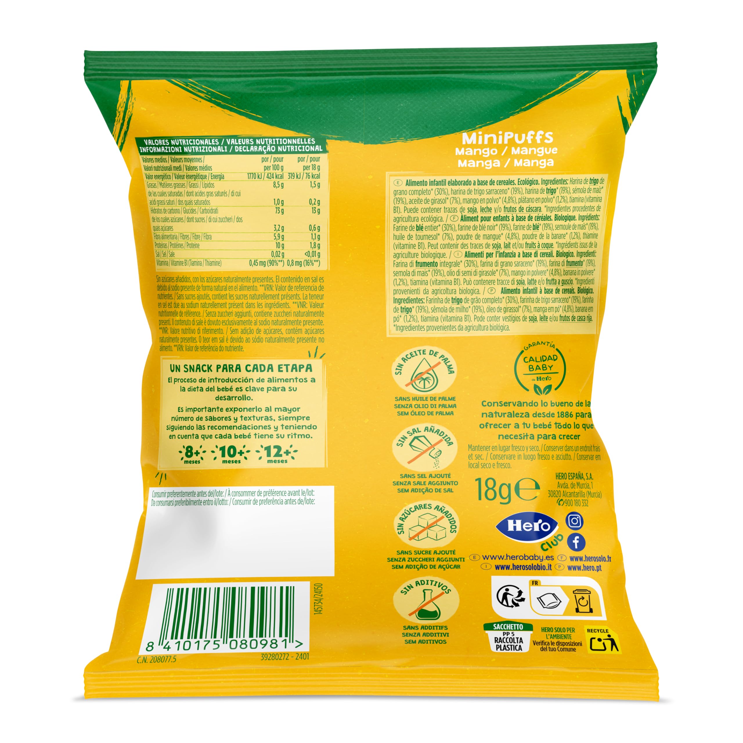 Hero Solo - Minipuff Snack de Mango, 100% ECO, BIO, con Ingredientes de Agricultura Ecológica y UE, No Fritos, Sin Azúcares Añadidos, Apto para Bebés a Partir de 8 Meses - Pack de 5 x 18 g