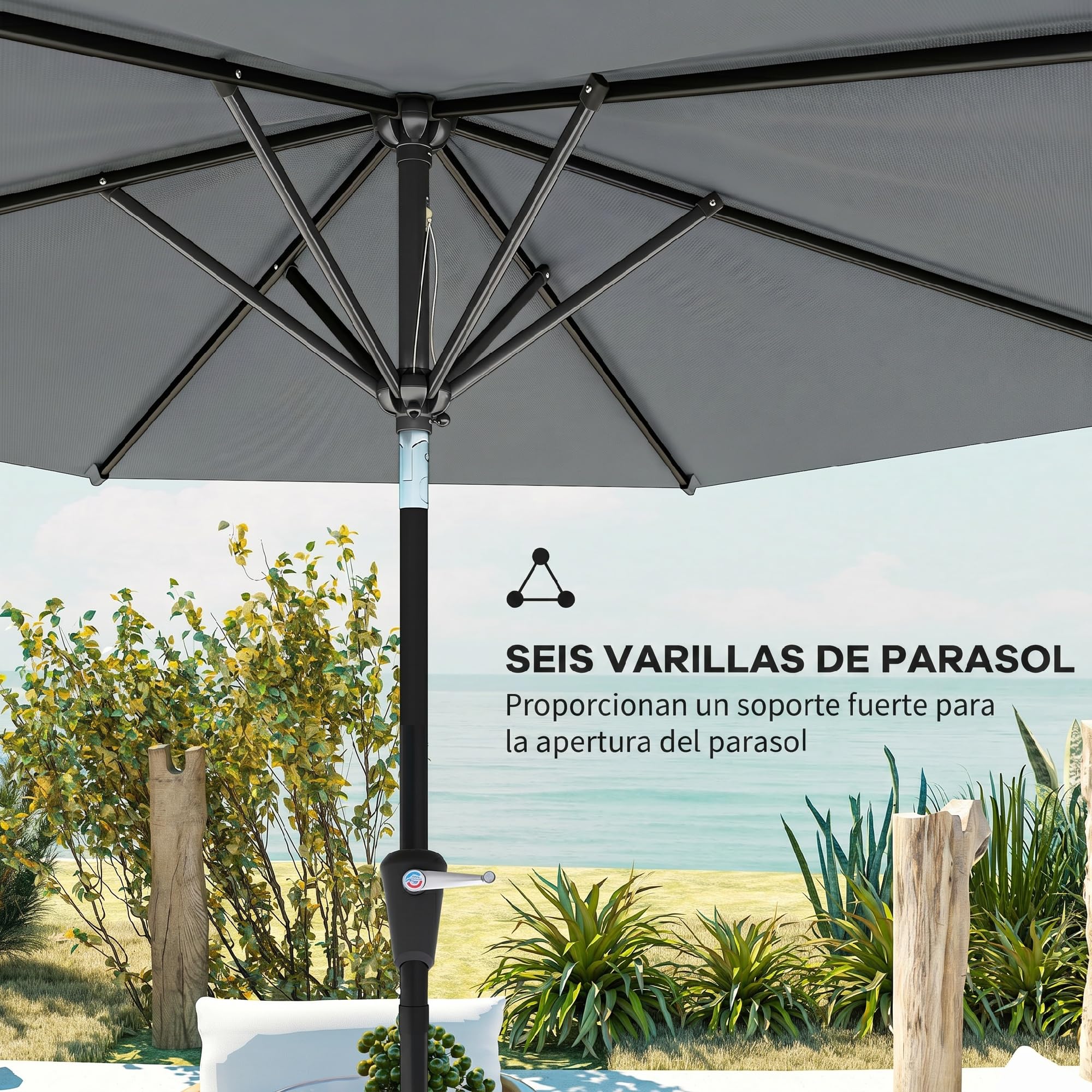 Outsunny Sombrilla Terraza Exterior Ø230 cm Sombrilla de Jardín con Ángulo Ajustable y Manivela Impermeable Parasol para Patio Terraza