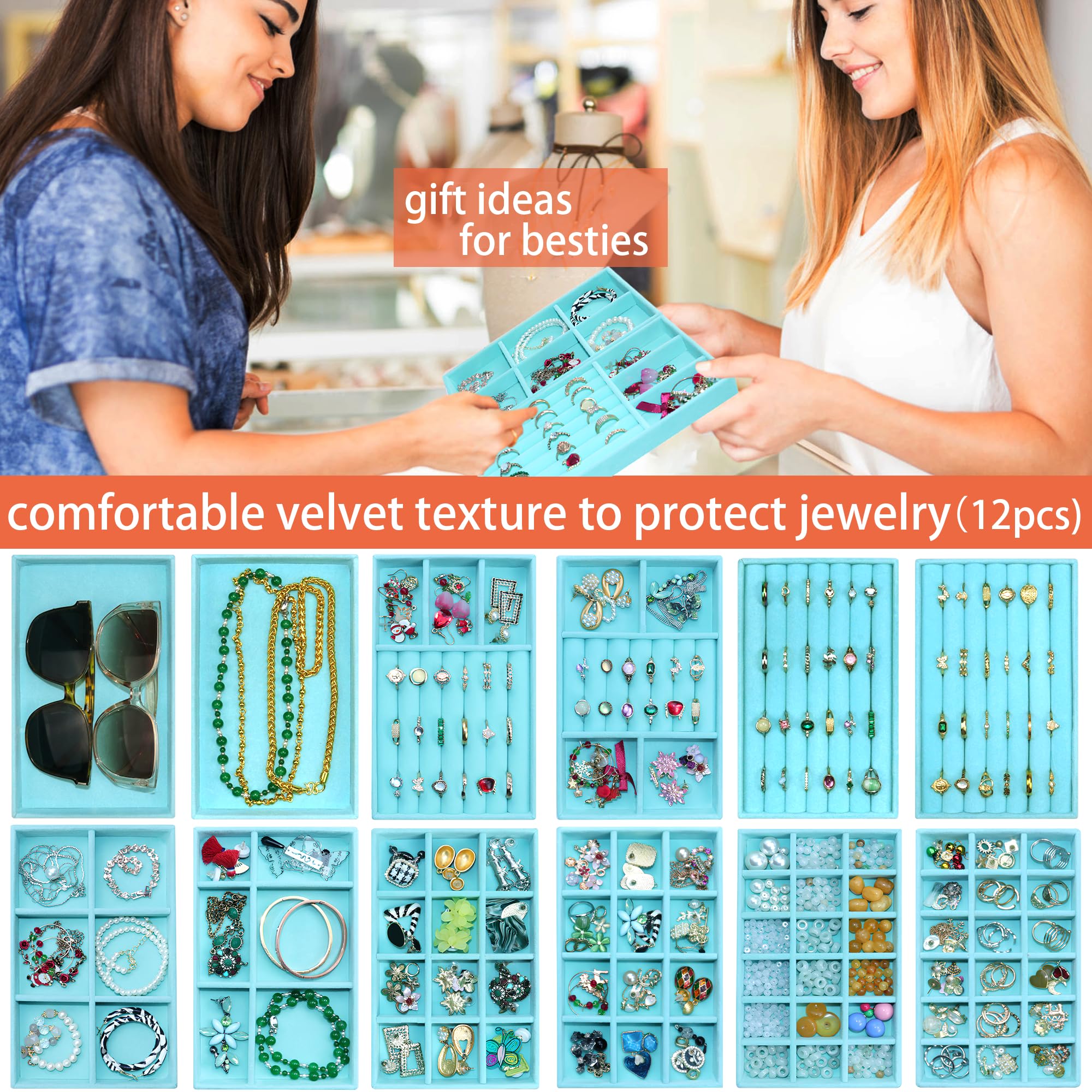 12 bandejas de terciopelo para joyas, organizador de joyas, collares, pulseras, pendientes, anillos, broches, relojes, color azul