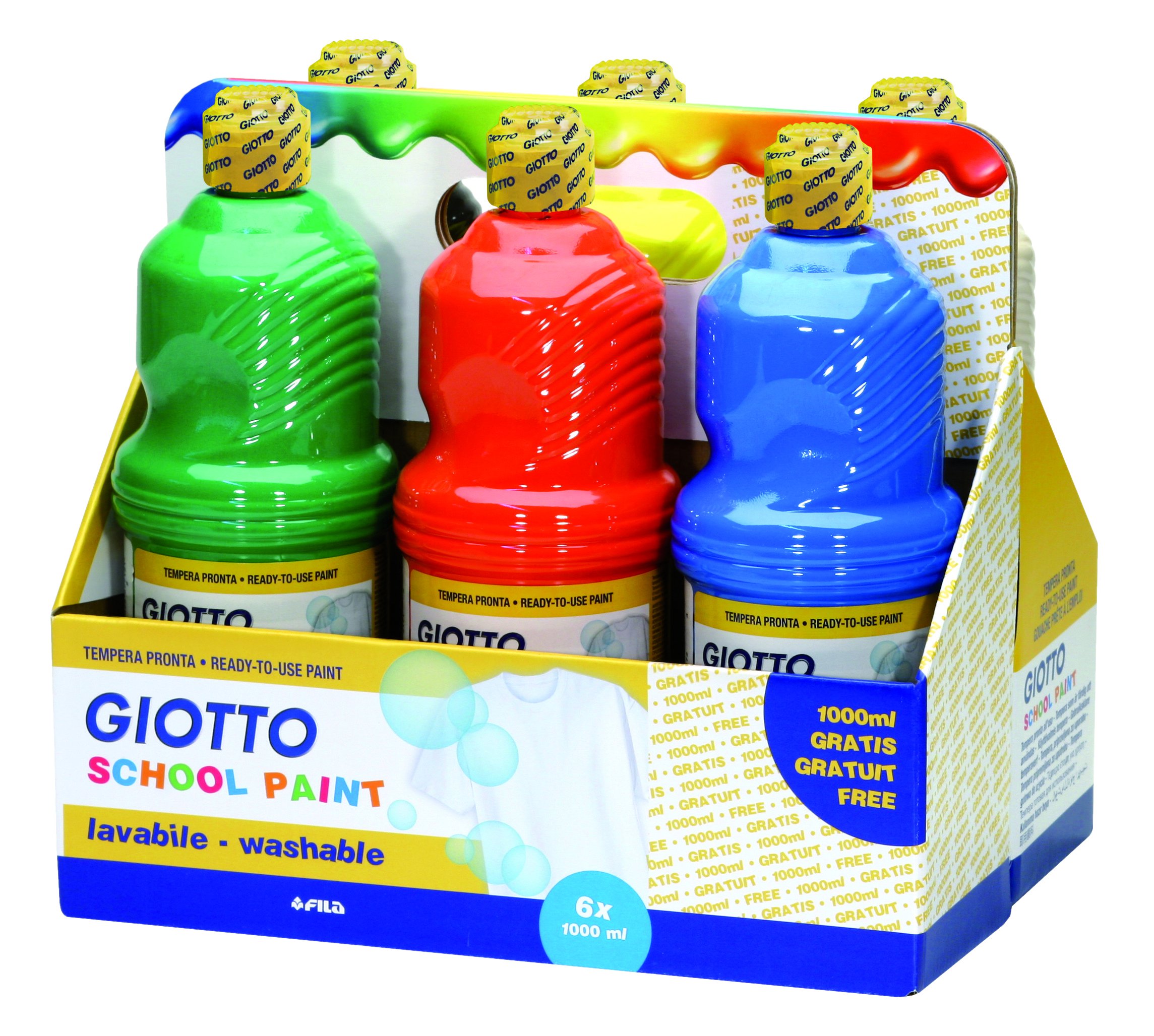 Giotto 530900 - Assortimento 6 Flaconi Da 1 Litro Tempera Pronta Schoolpaint - Lavabile & Turbo Maxi 521400 - Pennarelli , Punta Larga, 5Mm, Confezione Da 48