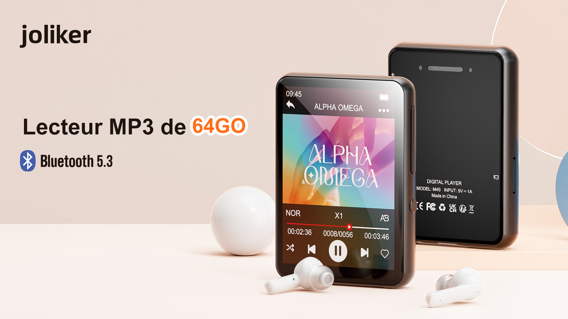 Lecteur MP3 64 Go avec Bluetooth 5.3, lecteur MP3 portable avec haut-parleur HiFi, son