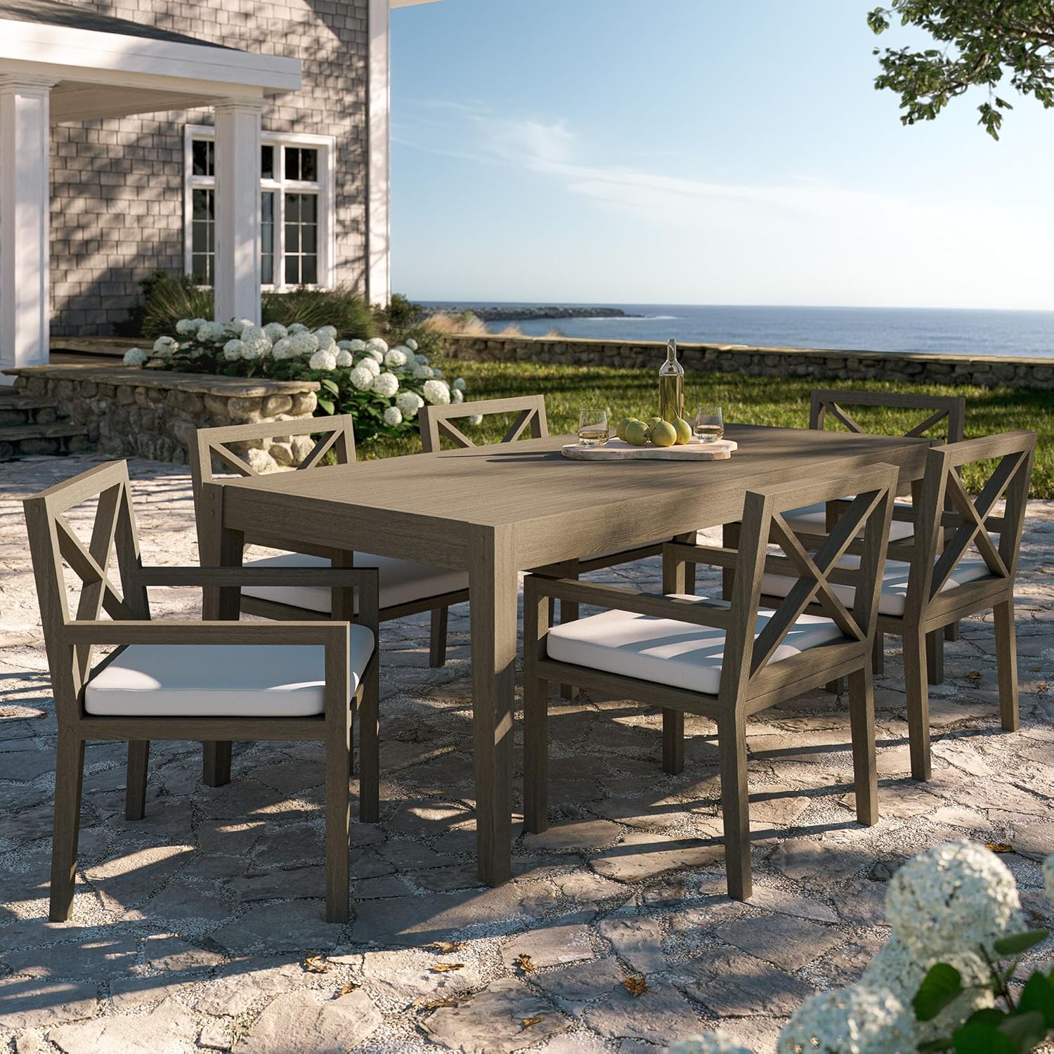 Modway Northlake Teak Wood 7-Piece Outdoor Dining Set in Weathered Gray – 83 Inch Backyard Patio Dining Table with 6 Armchairs