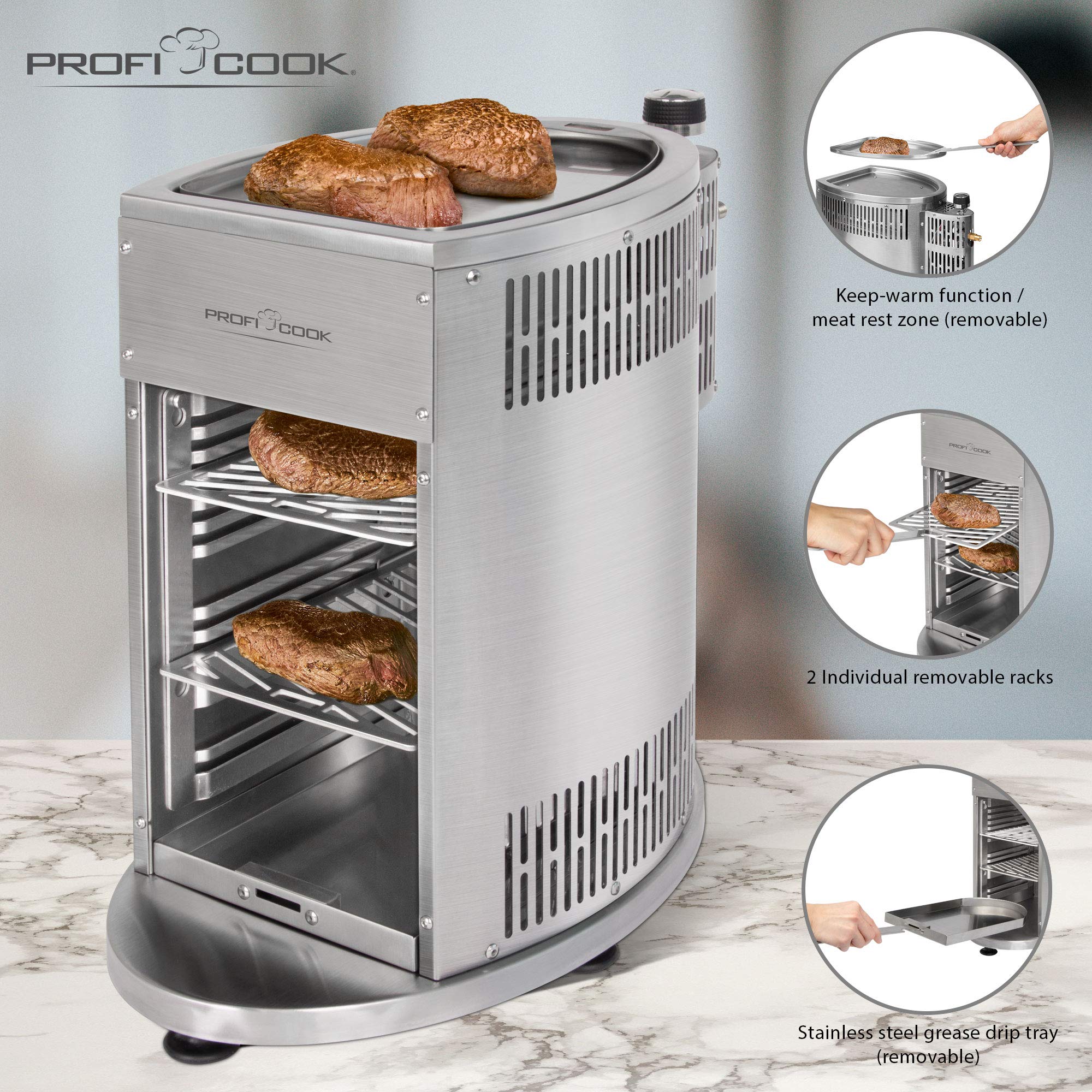 ProfiCook PC-GBS 1178 Beef Grill 800° Hochleistungsgrill Edelstahl Warmhaltefunktion 2 Grillroste Fettauffangschale