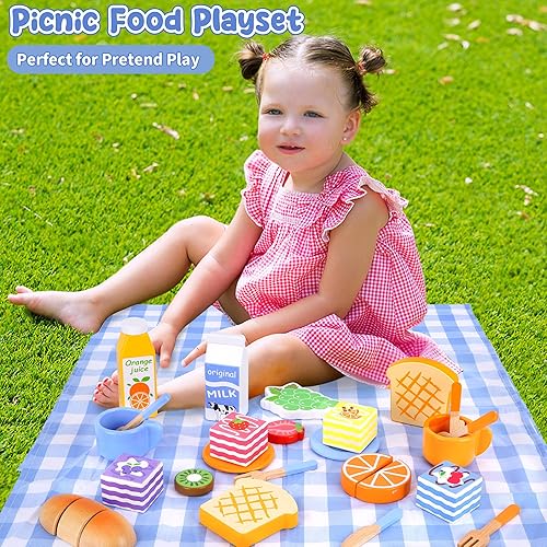 Miniatura 9 de Juego de picnic para niños, comida de juego de simulación para niños pequeños de 1 a 3 años, 24 piezas de juegos de comida de madera para niños con