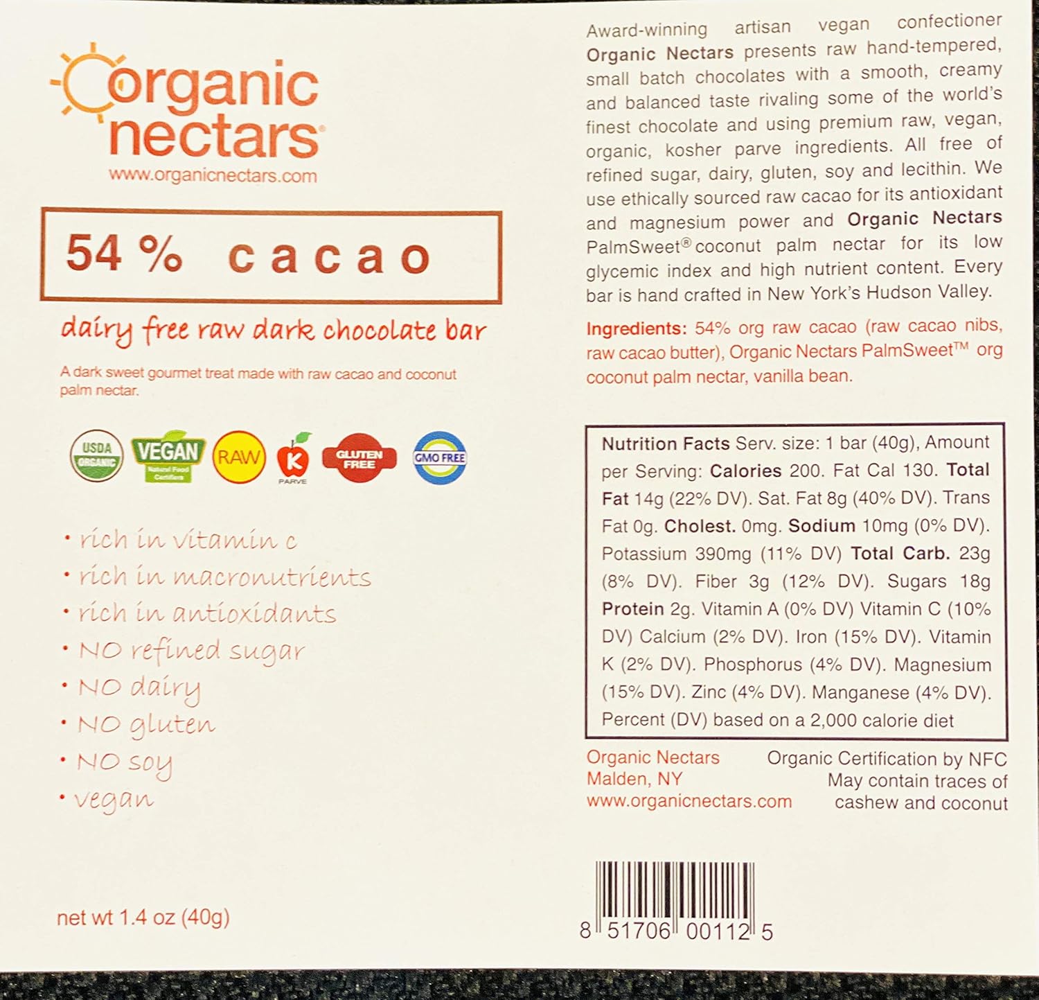 Organic Nectars Raw Chocolate Bar 54% Cacao (6 pack of 1.4 oz.)