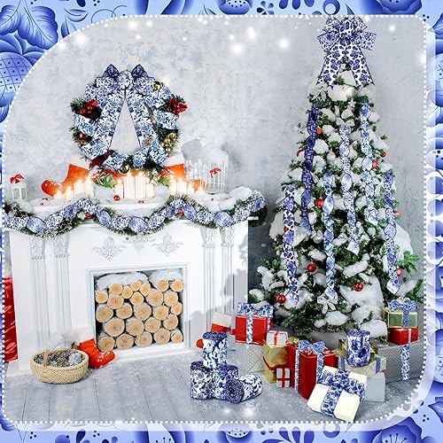 Miniatura 2 de Lyrow 6 Rolls Chinoiserie White and Blue Wired Edge Ribbon Chinoiserie Ribbon Floral Ribbon Butterfly Craft Flower Pattern Fabric Ribbons for Crafts