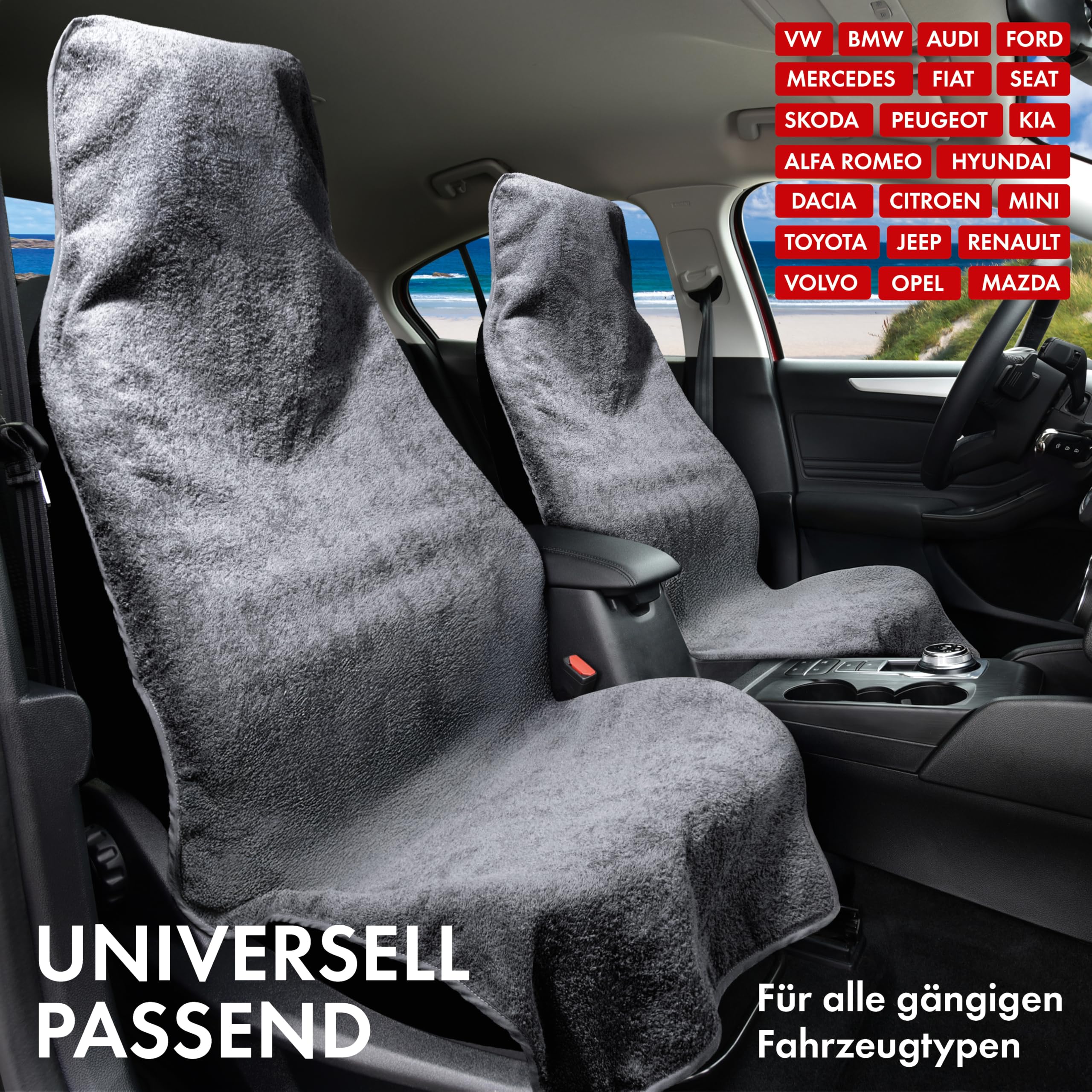 Walser Auto Sitzauflage Vordersitz aus Frottee, 2er Set Sitzaufleger, waschbarer Sitzschoner Auto, Universal Auto-Sitzauflage, Autositz-Überwurf, Schonbezug Autositz vorne 2 Stück grau