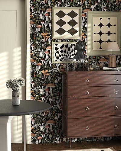Miniatura 2 de MILEPER Papel tapiz de hongos para despegar y pegar, papel tapiz negro bohemio de 17.7 x 393 pulgadas, papel tapiz autoadhesivo extraíble, papel