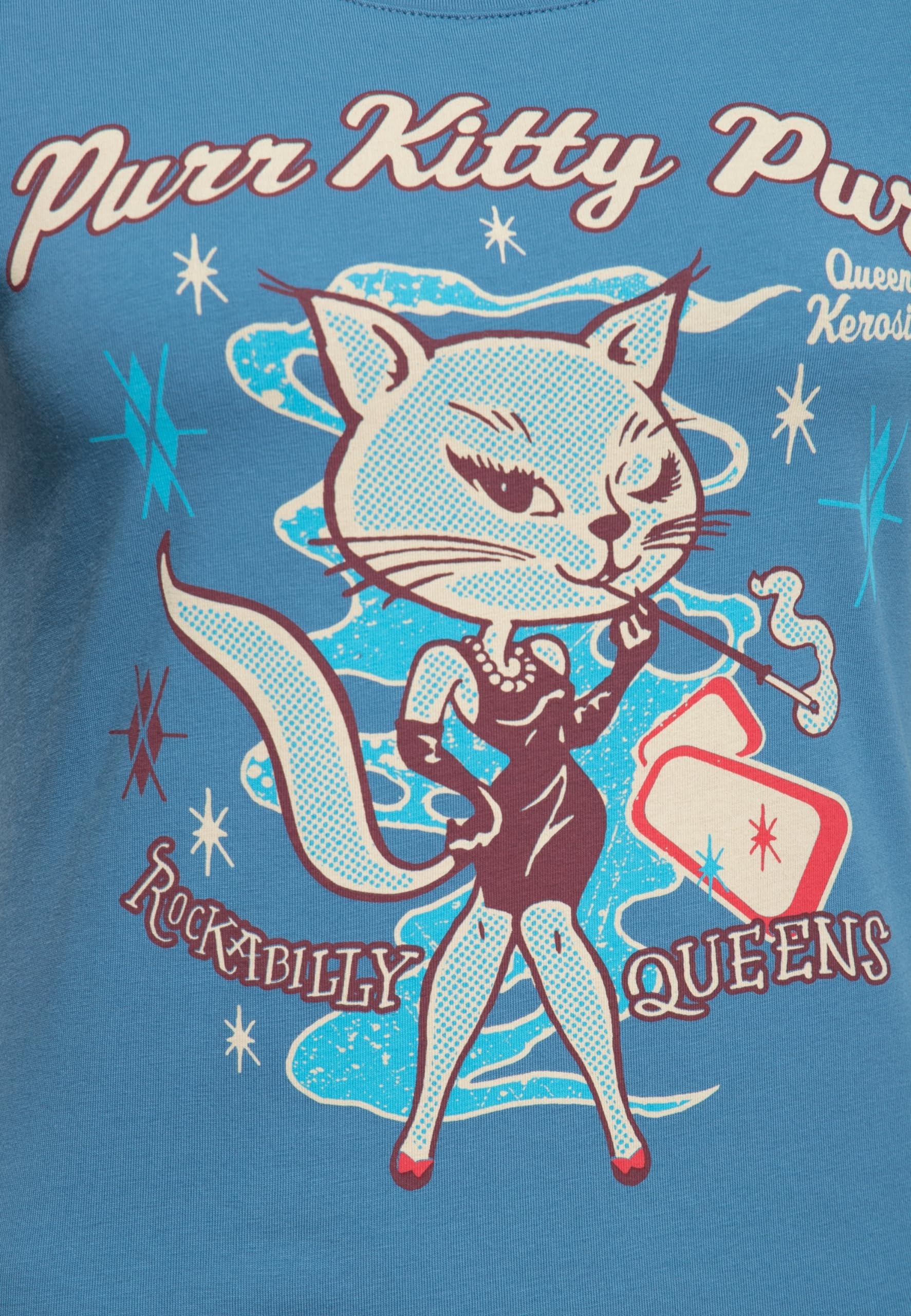 Queen Kerosin T-shirt pour femme | Rockabilly | Kitty | 50S | Coupe ajustée | Imprimé sur le devant | Rétro | Vintage | Rock'n'roll | Cat | Comic Art Purr Kitty Purr Kitty Purr