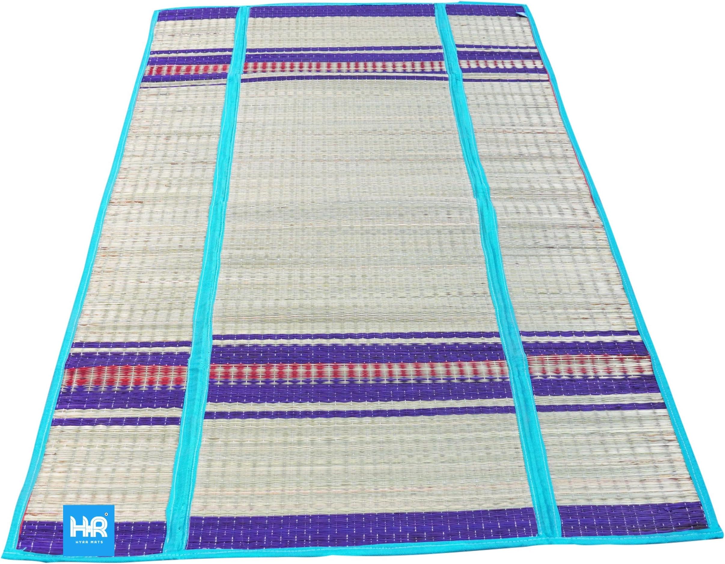 HYRA MATS® Foldable Natural Grass Mat for Sleeping on Floor 3x6 ft size | Korai Grass For Sleeping on Floor | Chatai Mats | Korai Pai | Blue Colour Grass Mat for Sleeping | Picnic Mat | Foldable Beach Mat | Foldable Grass Mat for Sleeping on Floor