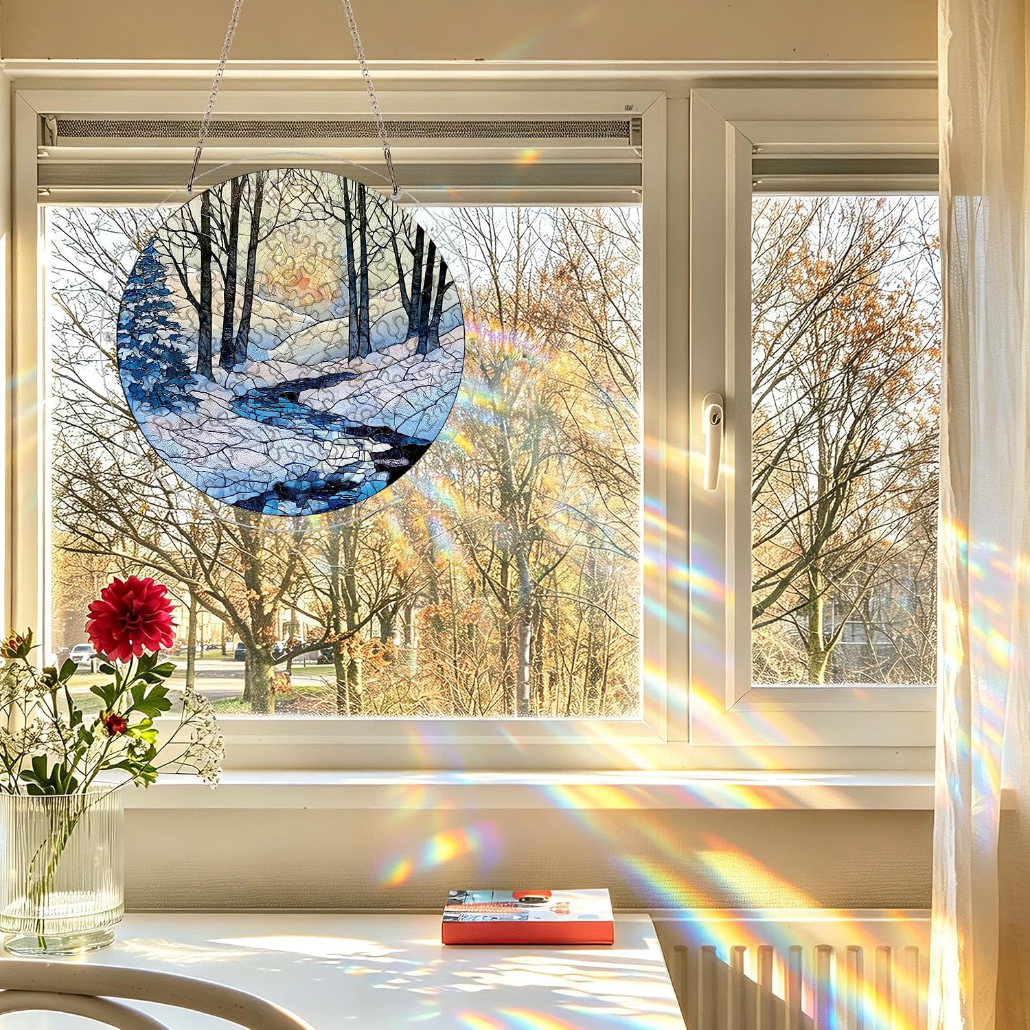 Winter Snowy Sunrise Landscape Acrylic Suncatcher Puzzle Stained Glass