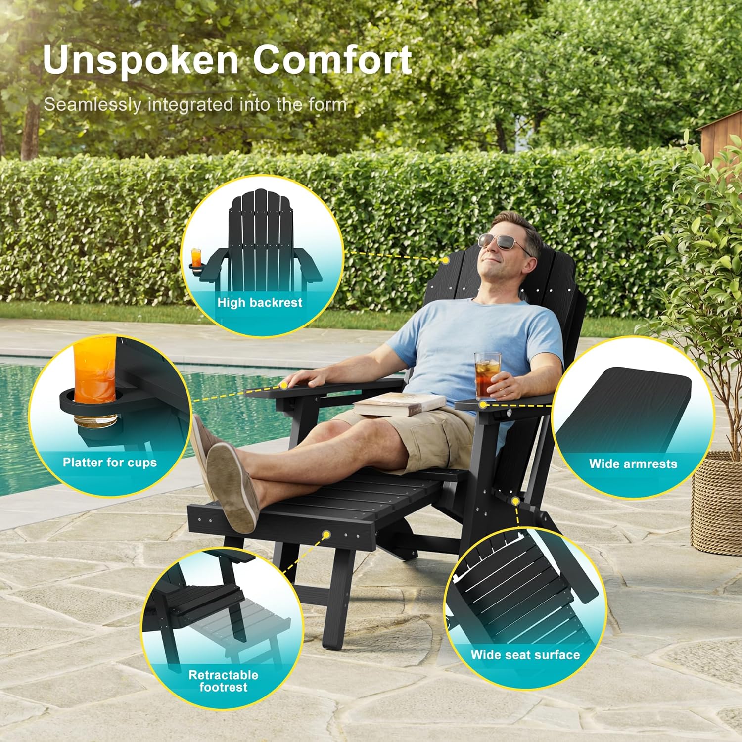 3-Position Adjustable Folding Adirondack Chair with Retractable Ottoman, HDPE Weather Resistant Patio Chair with Hidden Cup Holder for Lawn, Deck and Garden, Black