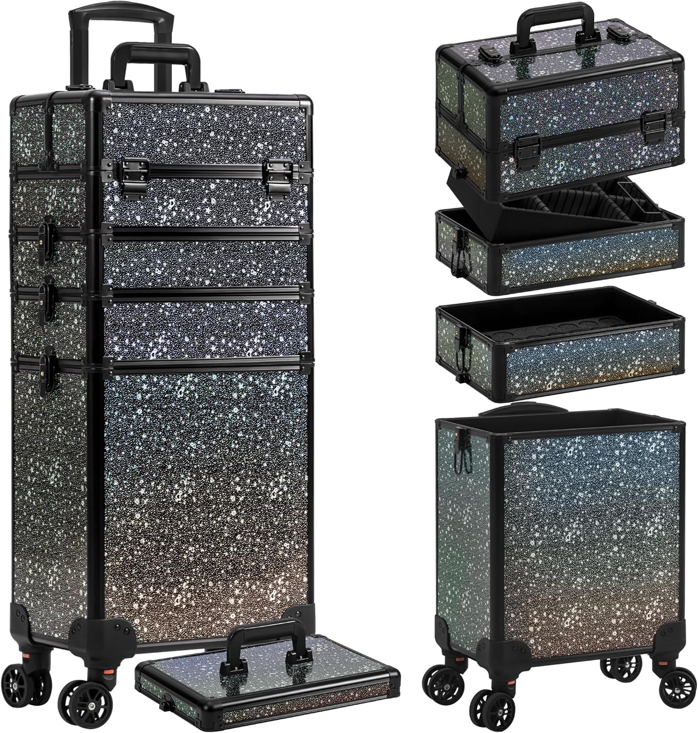 AROUS Rolling Makeup Train Case 5 in 1 Cosmetology Case on Wheels Large Cosmetic Organizer Travel Cart for Hairstylist Artist Nail Beauty Salon Barber,Black