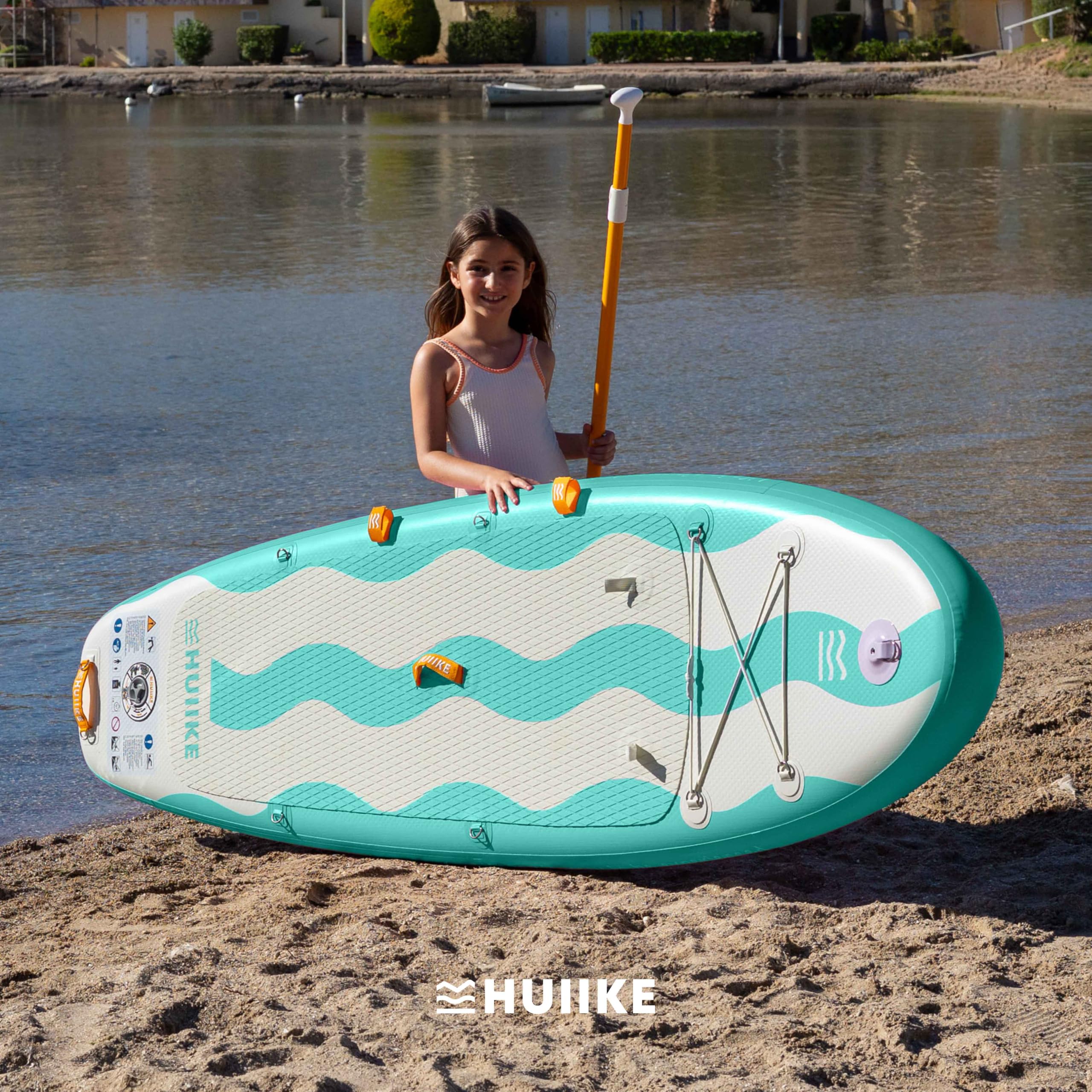 HUIIKE Deska Stand Up Paddle dla Dzieci 8’7” z Akcesoriami w Zestawie, Wiosłem, Pompką, Statecznikami, Leash i Plecakiem. Pompowana Deska SUP o Dużej Stabilności i Wytrzymałości. Udźwig do 80 kg