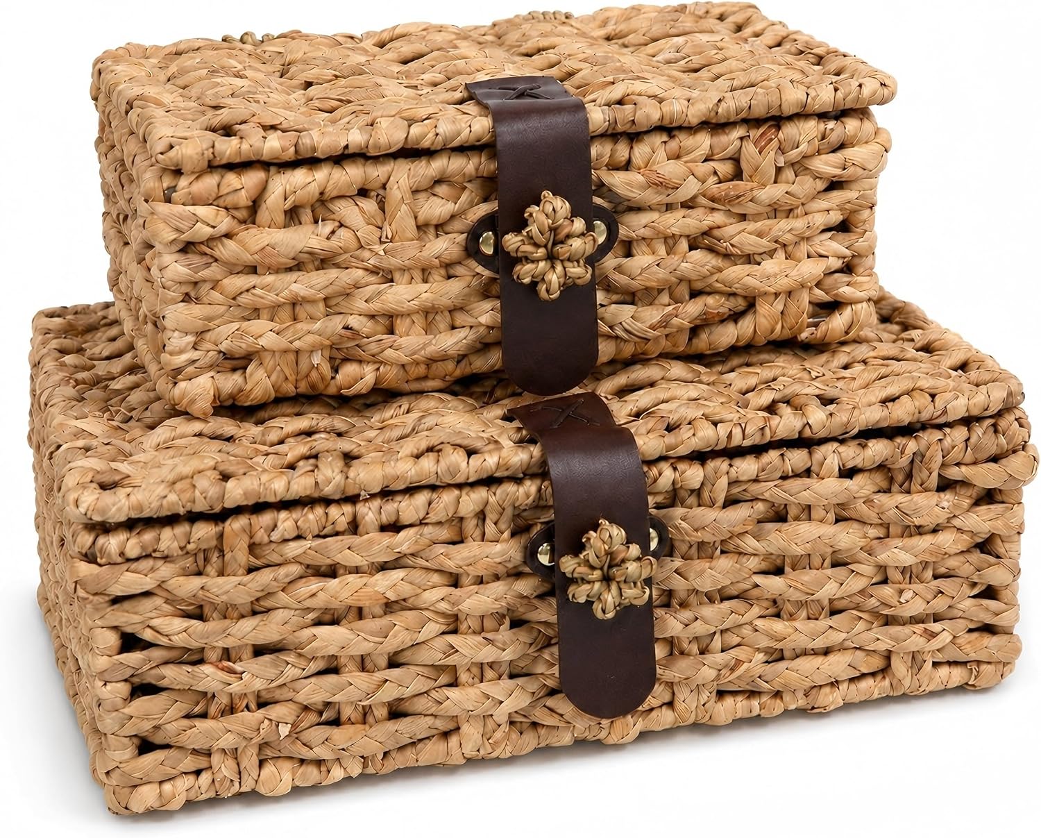 Set of 2 Decorative Box,Woven Storage Baskets with Lid, Water Hyacinth Decorative Boxes for Home Decor, Coffee Table,Entry Table,Mantle,Shelf
