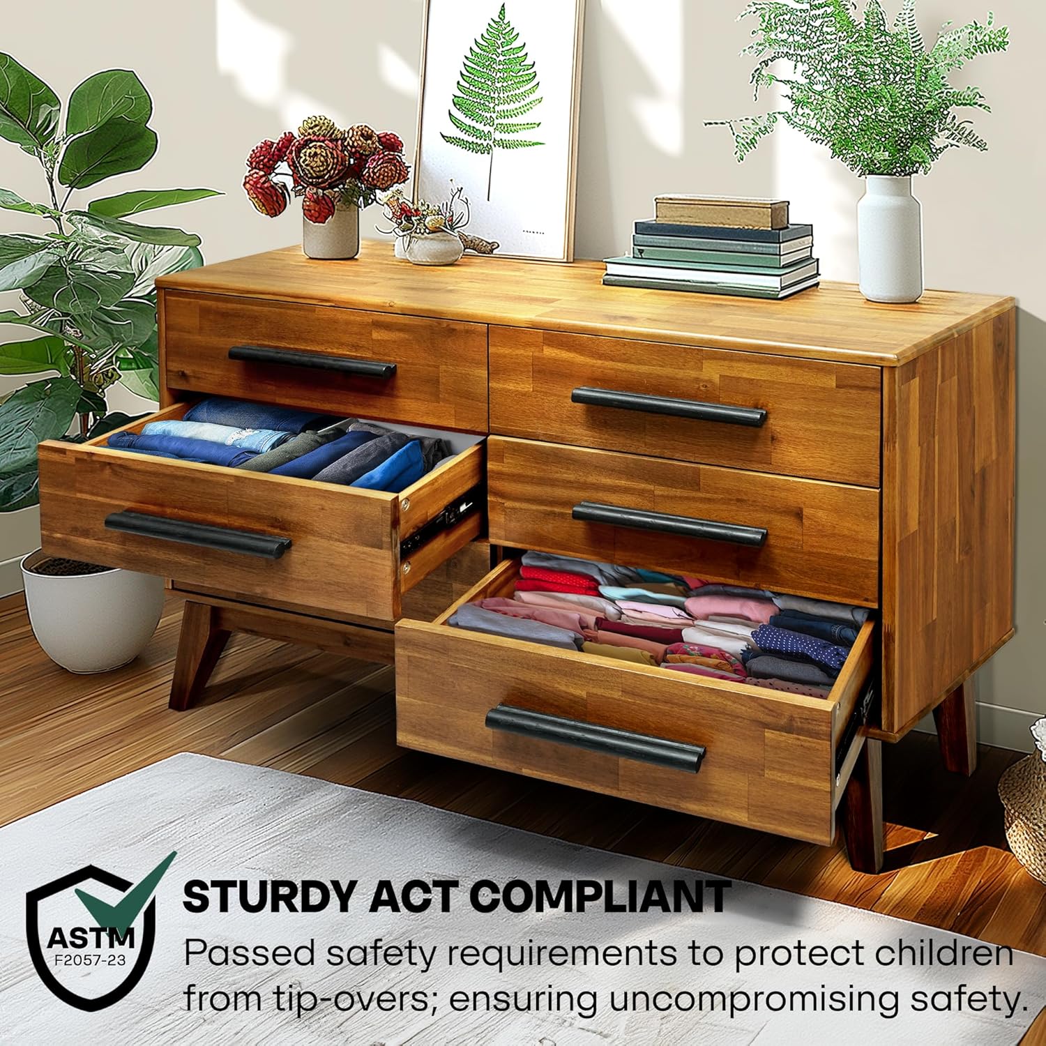 acacia dresser open drawer showing storage space solid wood