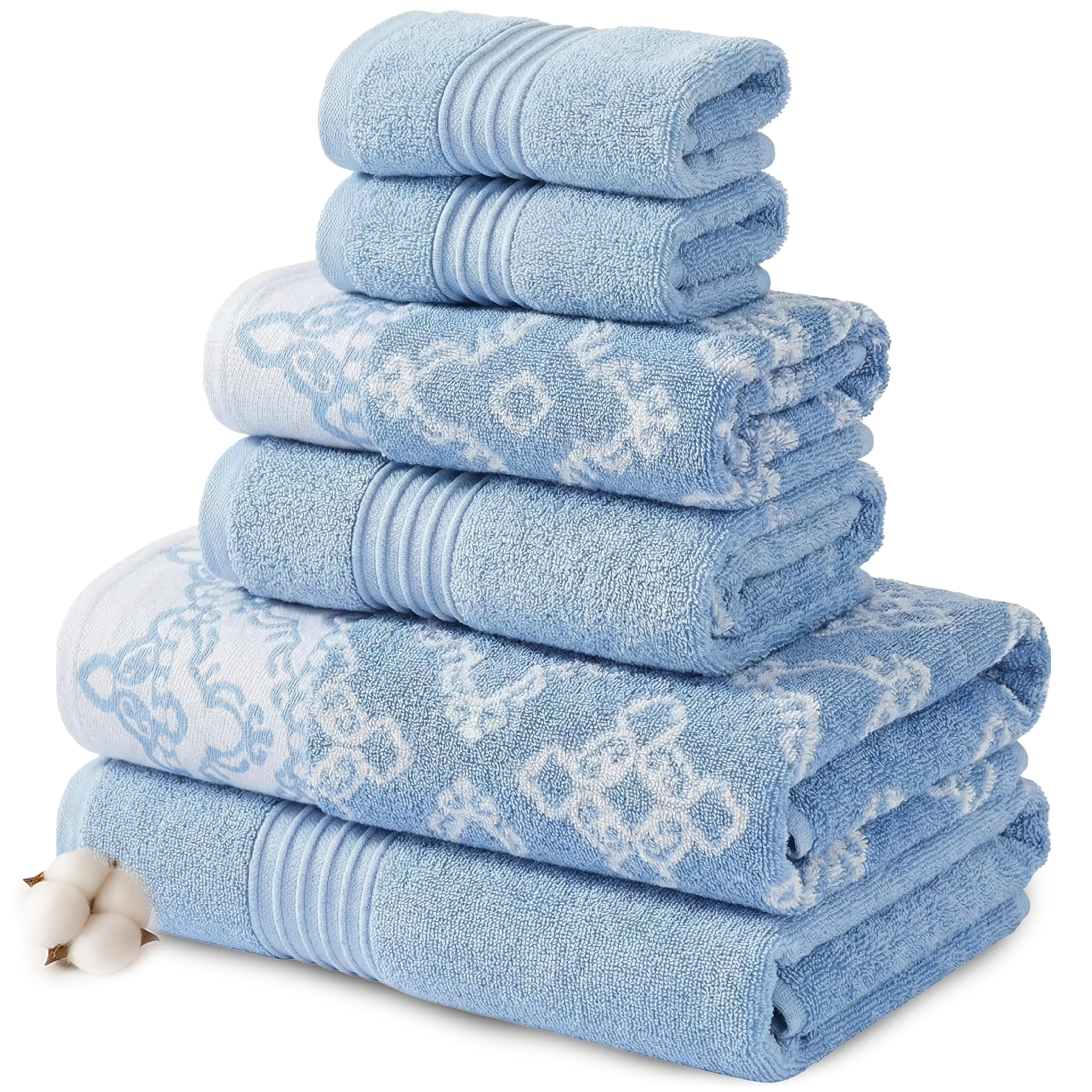 Modern Threads 6 Piece Set, 2 Bath Towels, 2 Hand Towels, 2 Washcloths Yarn Dyed Jacquard/Solid Towel Set Charlize Blue