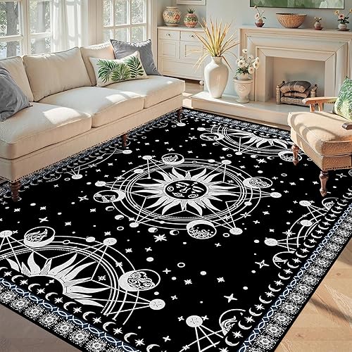 Miniatura 7 de Alfombra bohemia de 5 x 7 pies, diseño de sol y luna, para dormitorio, sala de estar, alfombra bohemia oculta con estrellas solares y galaxia, 2.0 x