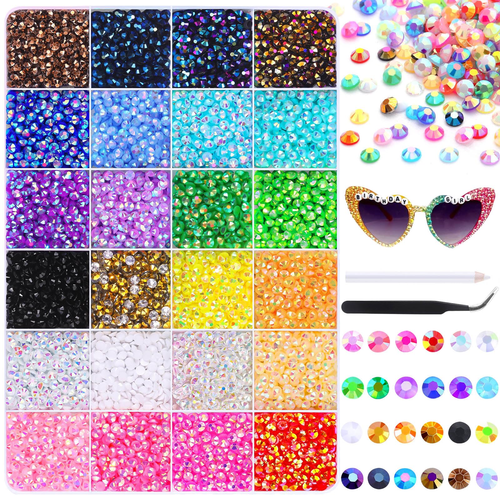 JOLCEEY 16000pcs Nail Art Rhinestones, 24 Colors 4mm Flat Back Nail Gems Crystals Nail Rhinestones Bedazzling Kit with Pick Up Tweezers and Pen for DIY Crafts Clothes Shoes-image-44